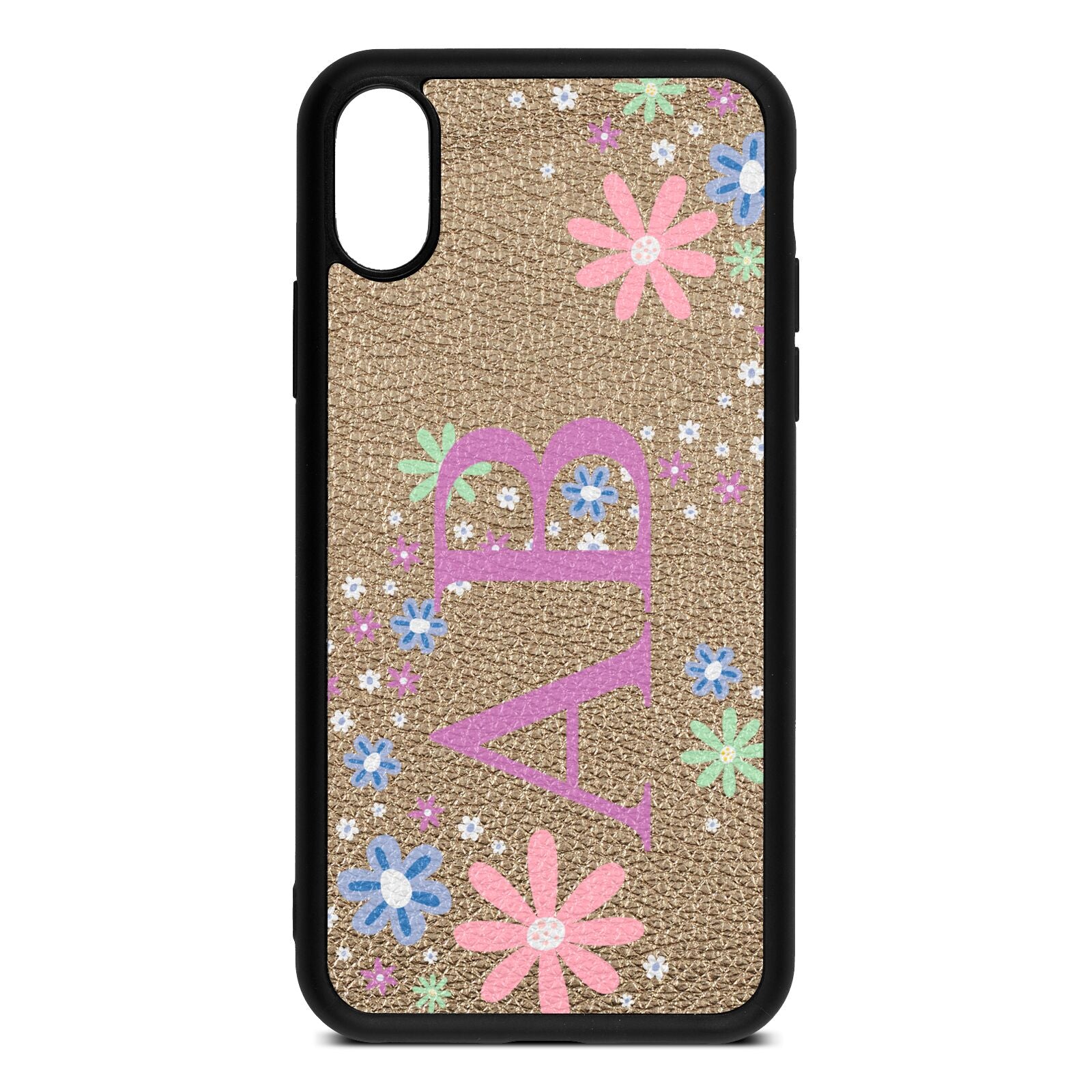Personalised Floral Initials Gold Pebble Leather iPhone Xs Case