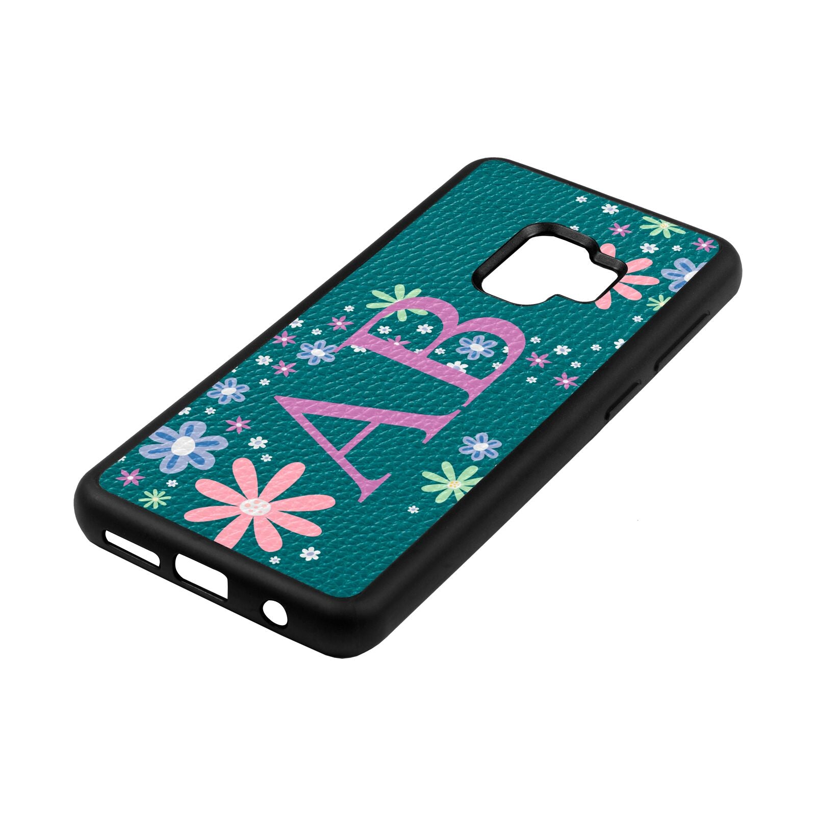 Personalised Floral Initials Green Pebble Leather Samsung S9 Case Side Angle