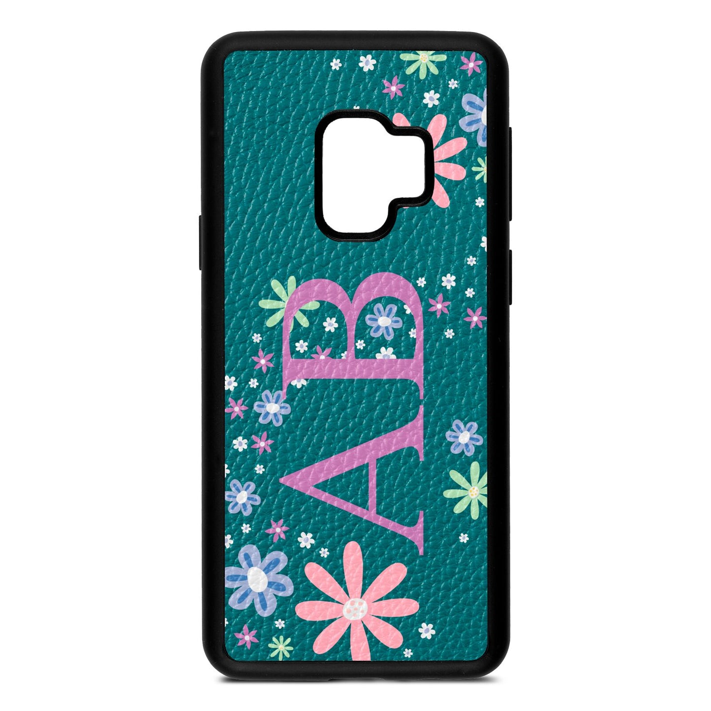 Personalised Floral Initials Green Pebble Leather Samsung S9 Case