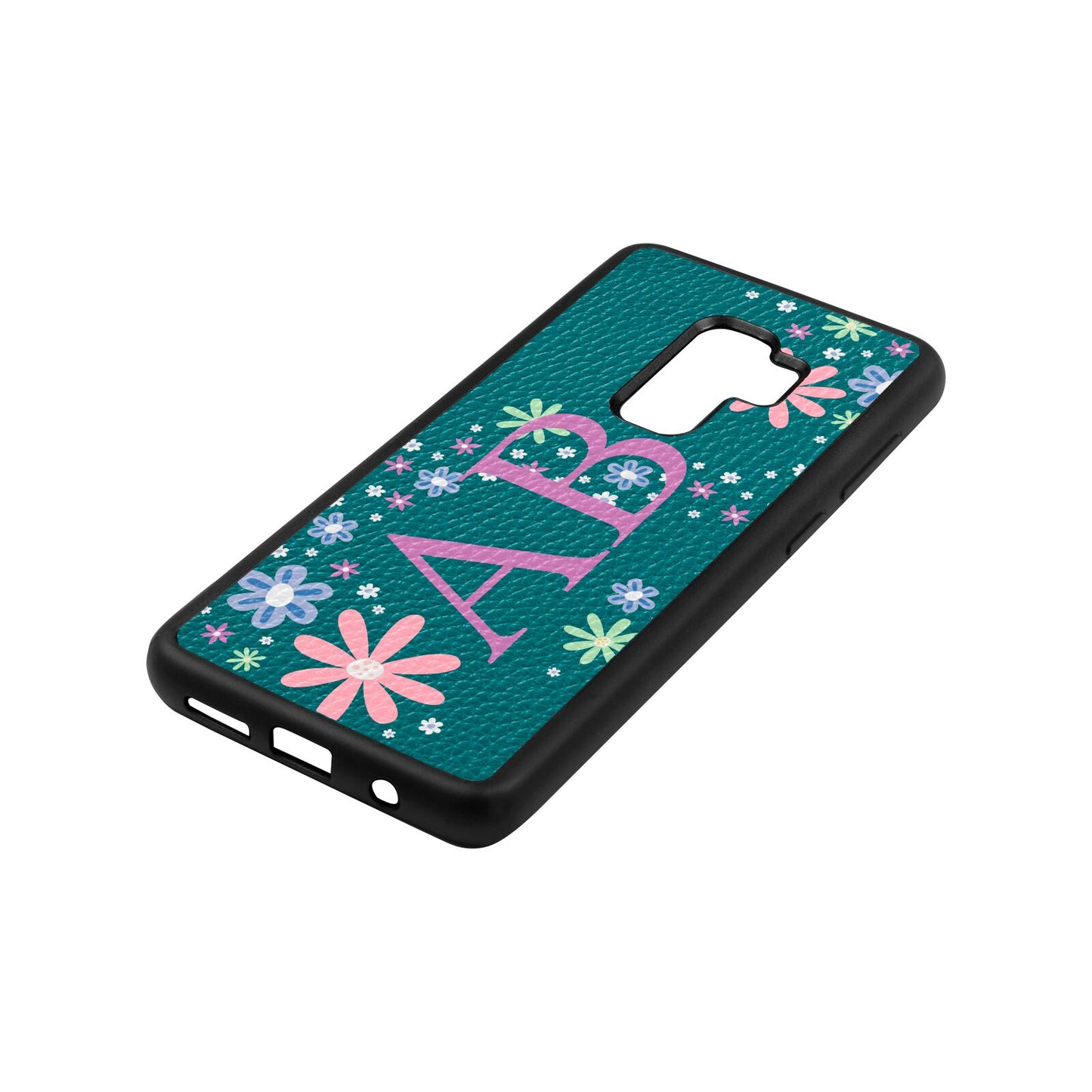 Personalised Floral Initials Green Pebble Leather Samsung S9 Plus Case Side Angle