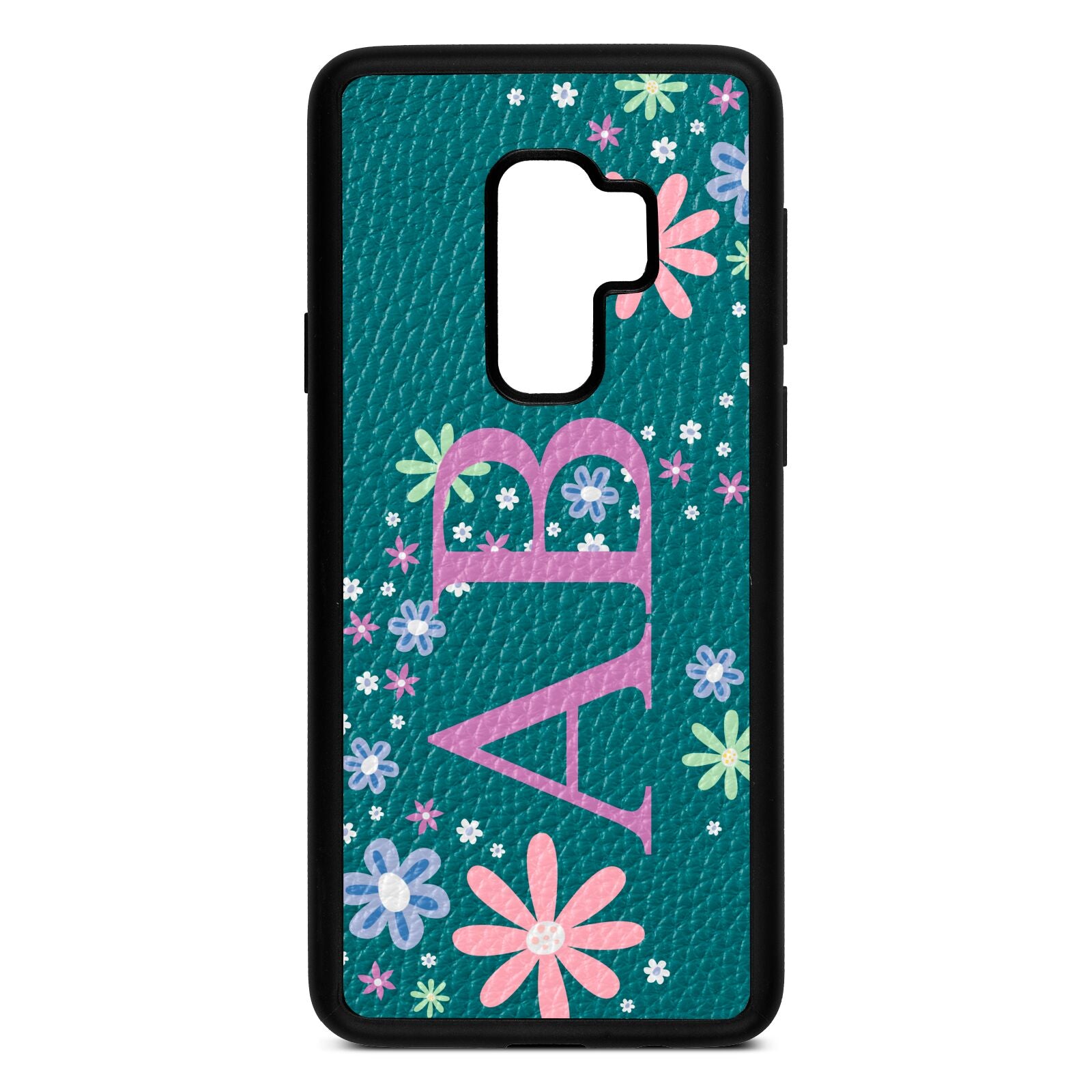 Personalised Floral Initials Green Pebble Leather Samsung S9 Plus Case