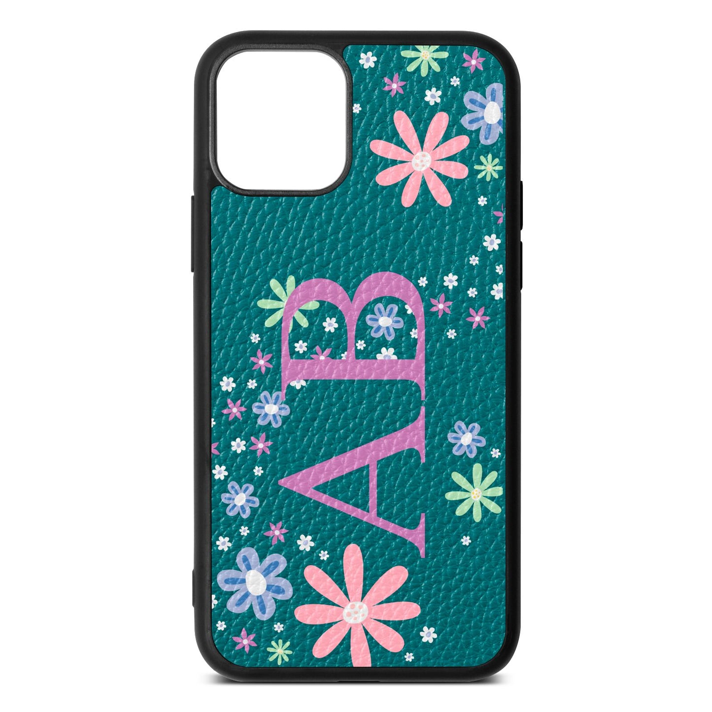 Personalised Floral Initials Green Pebble Leather iPhone 11 Case