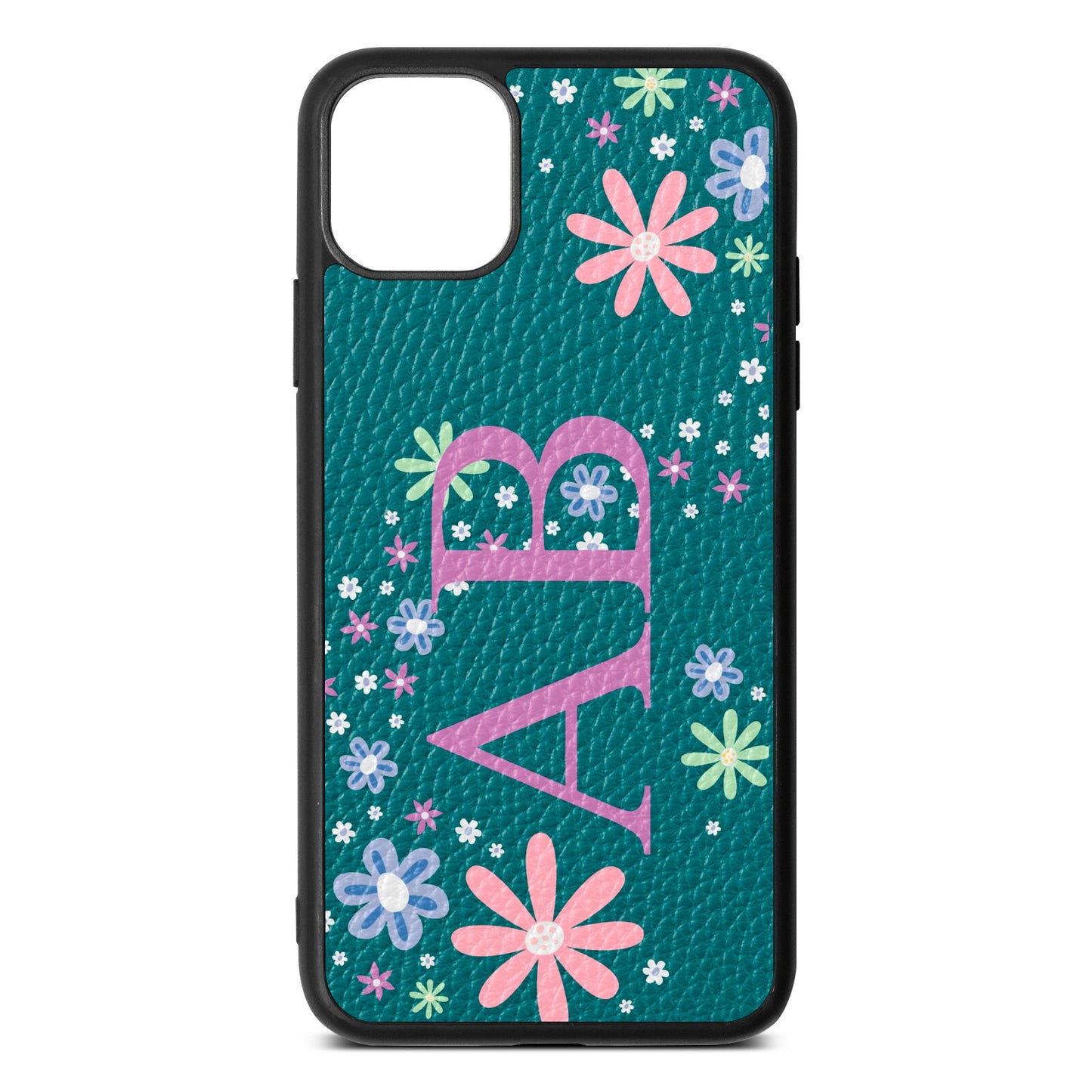 Personalised Floral Initials Green Pebble Leather iPhone 11 Pro Max Case