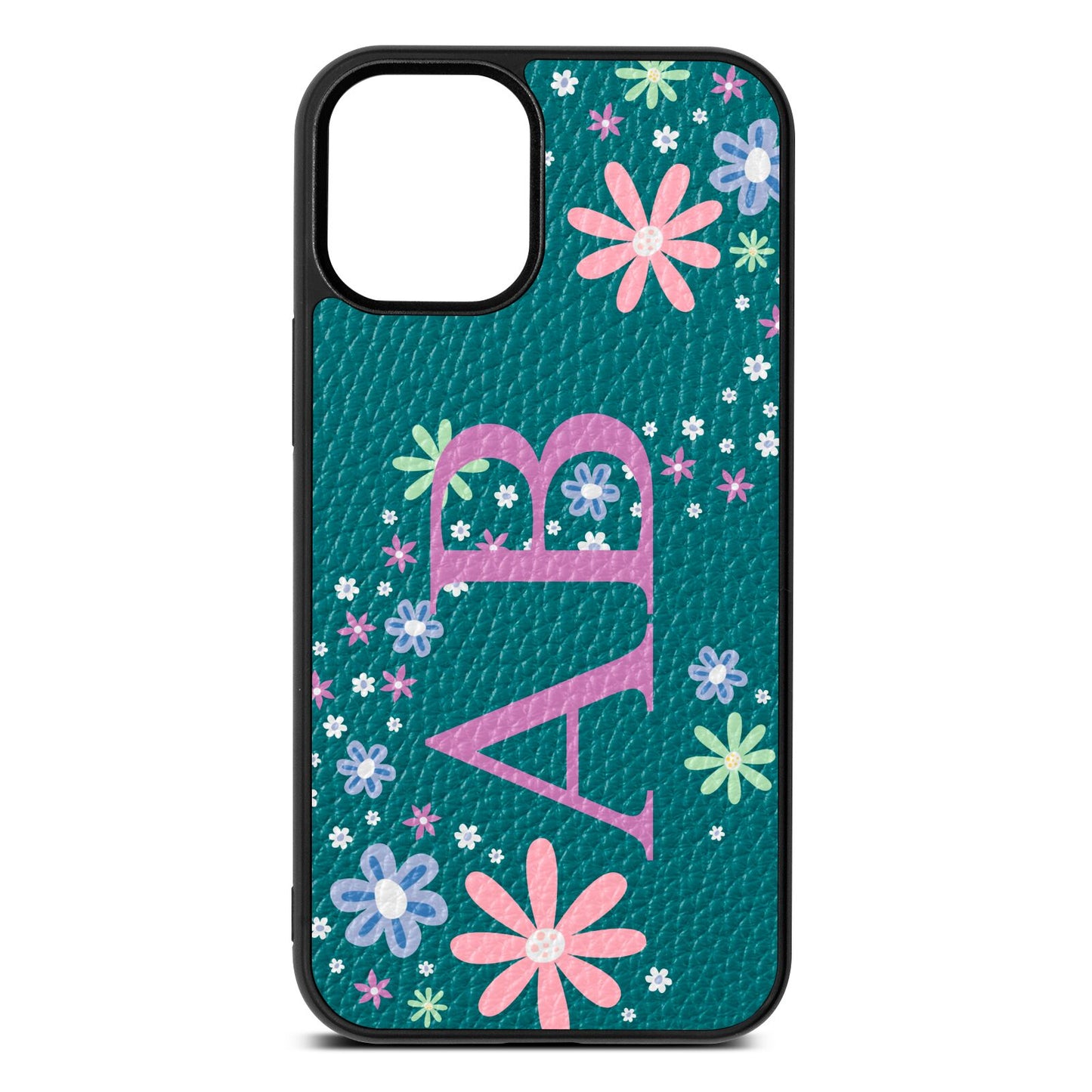 Personalised Floral Initials Green Pebble Leather iPhone 12 Mini Case