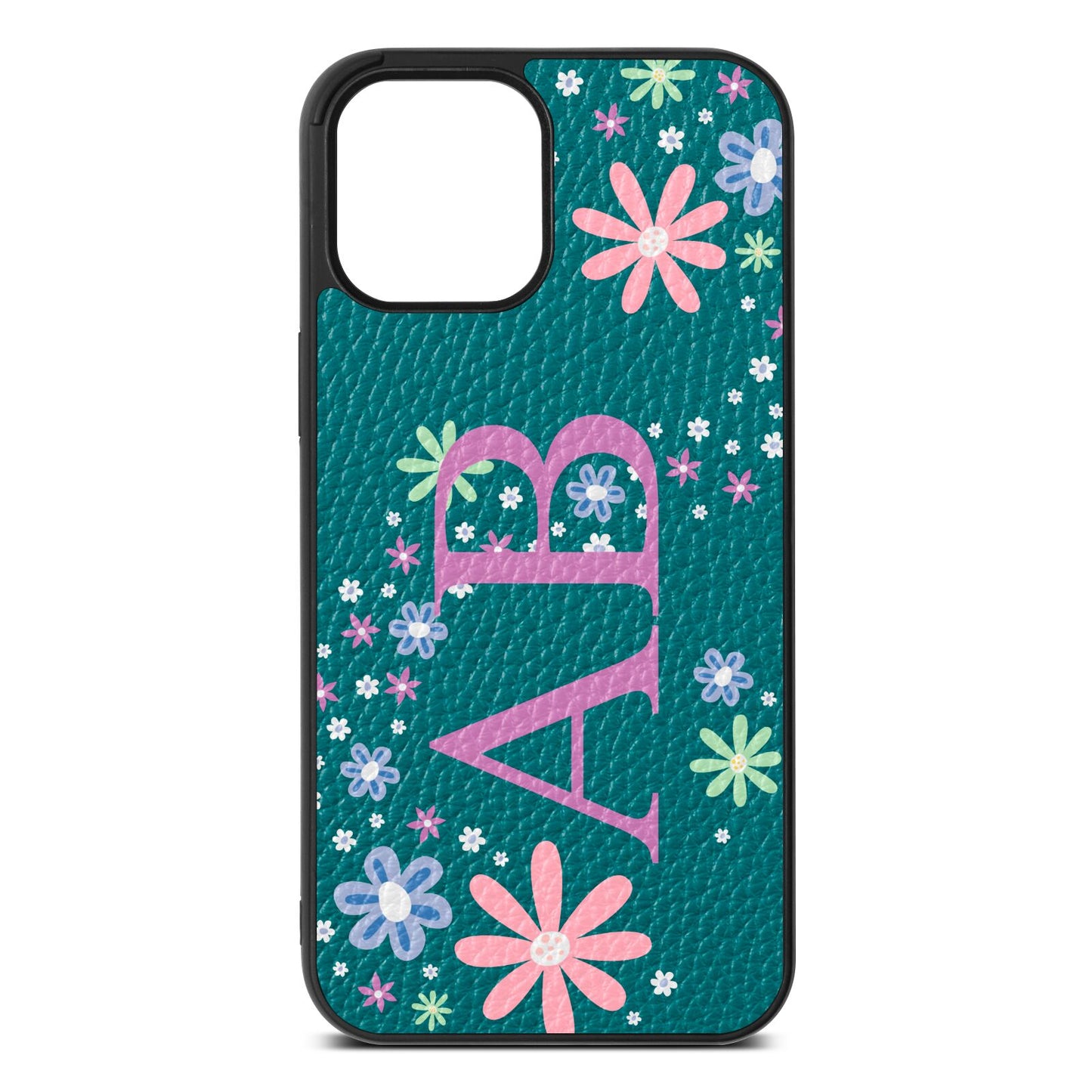 Personalised Floral Initials Green Pebble Leather iPhone 12 Pro Max Case