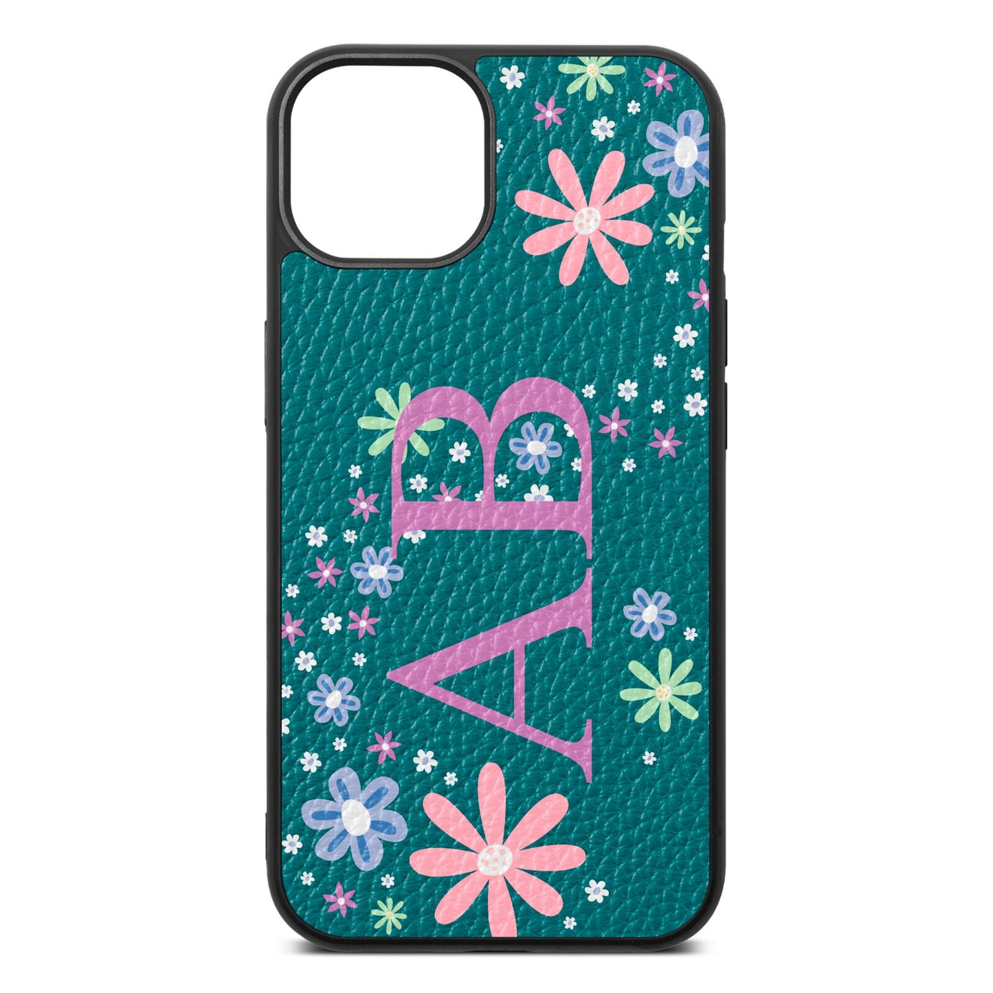 Personalised Floral Initials Green Pebble Leather iPhone 13 Case