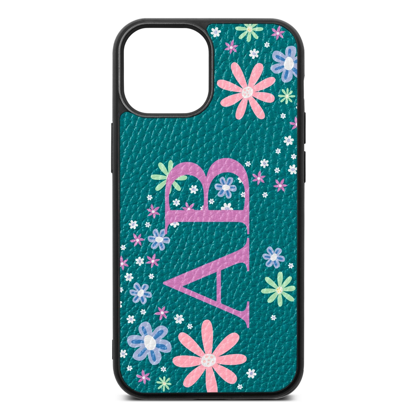 Personalised Floral Initials Green Pebble Leather iPhone 13 Mini Case