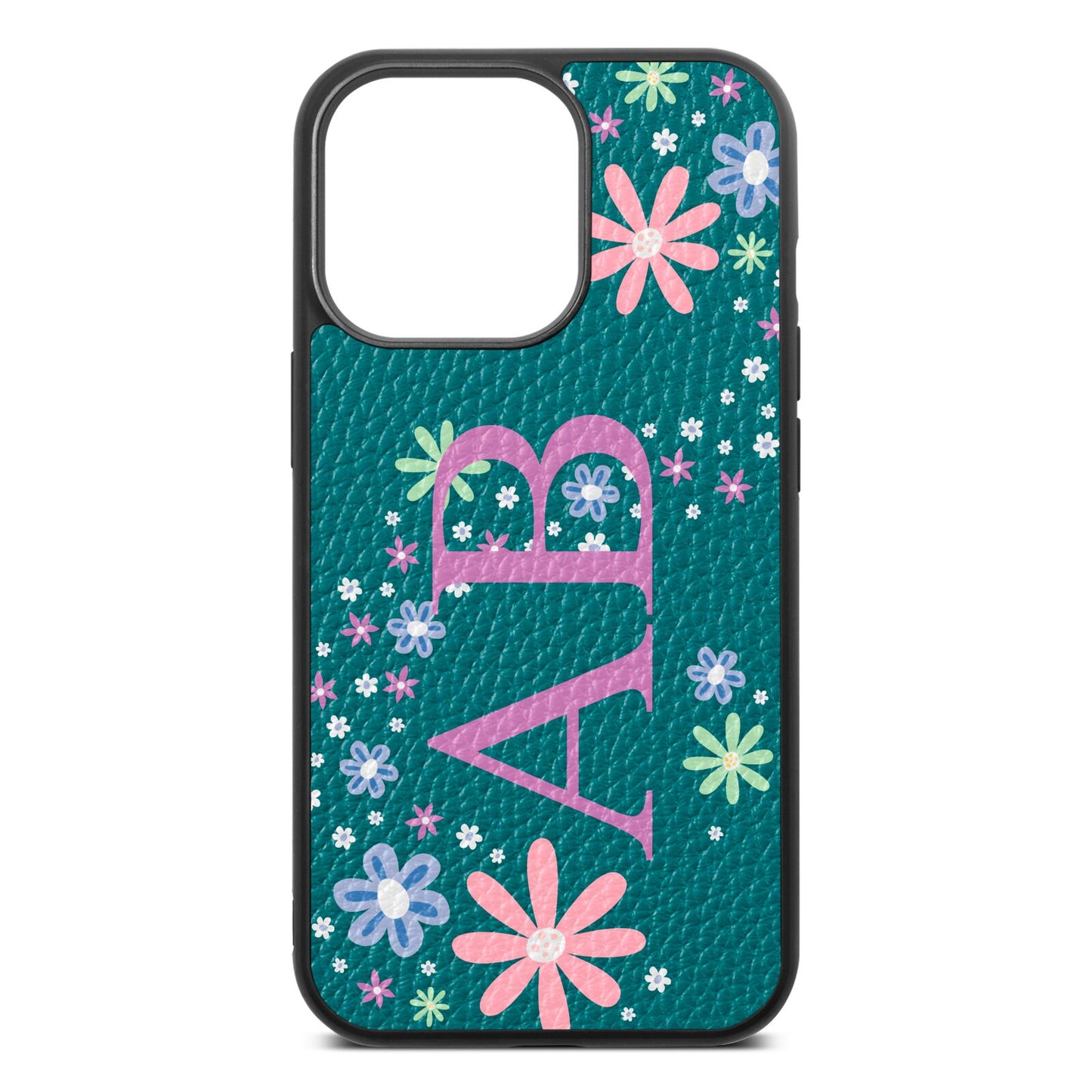 Personalised Floral Initials Green Pebble Leather iPhone 13 Pro Case