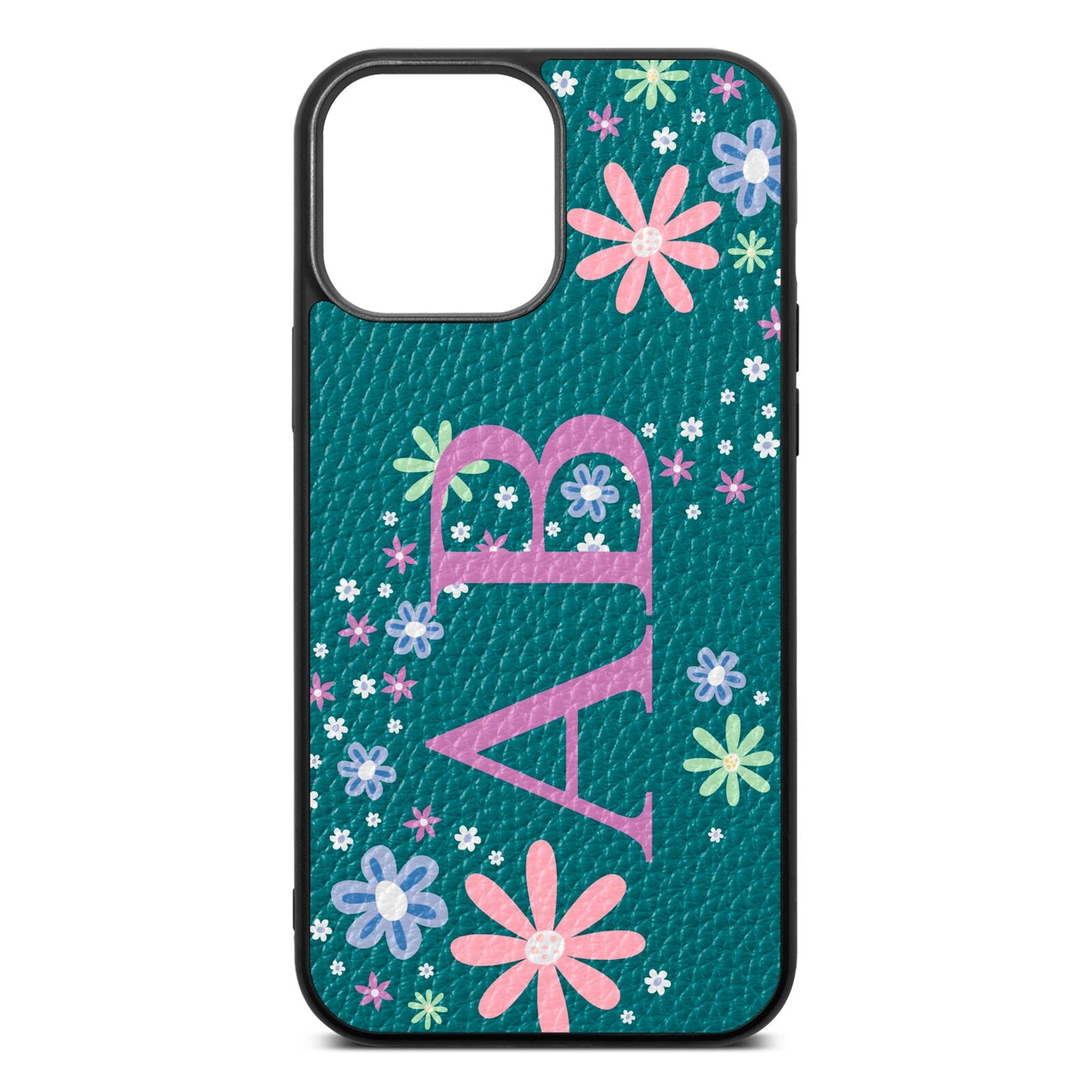 Personalised Floral Initials Green Pebble Leather iPhone 13 Pro Max Case