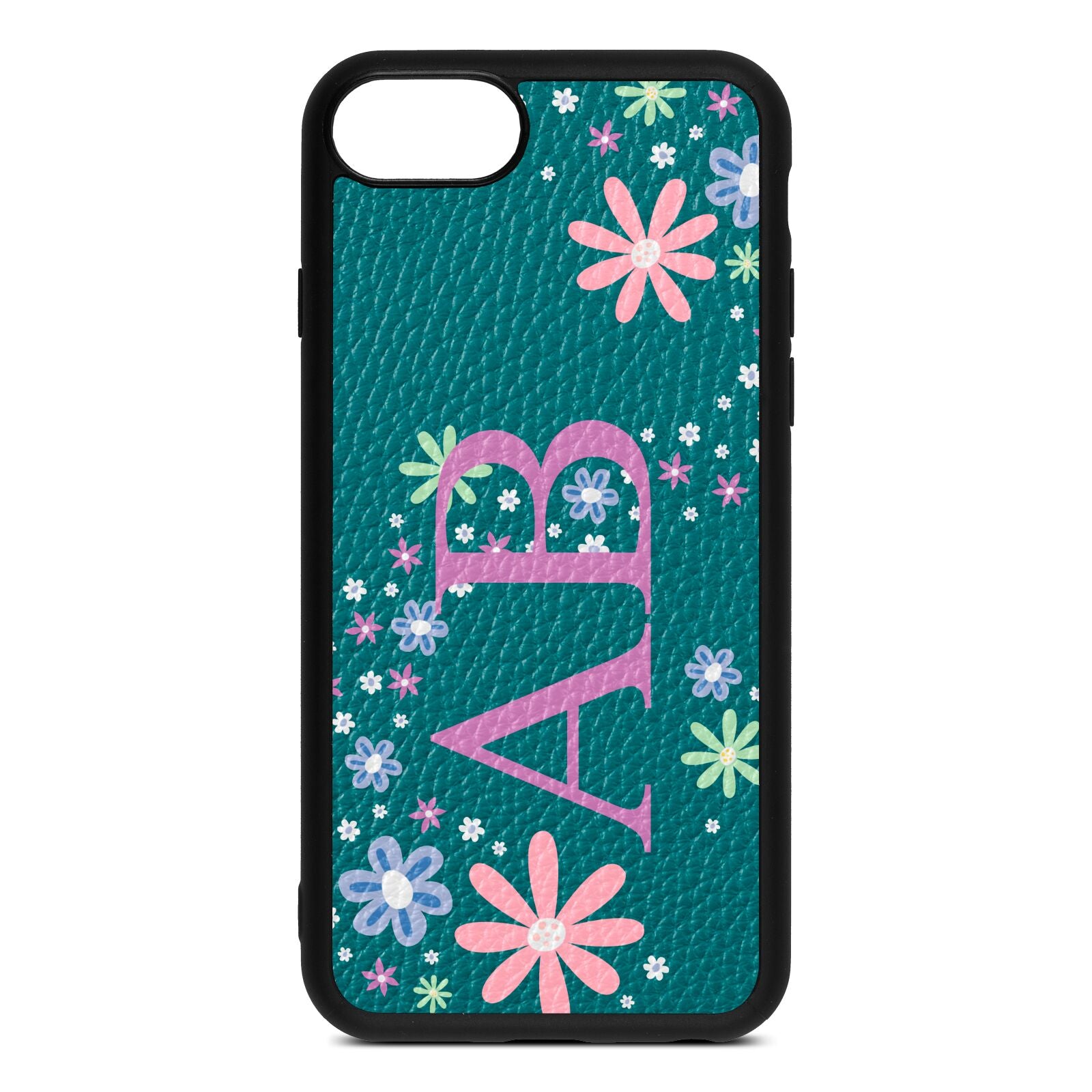 Personalised Floral Initials Green Pebble Leather iPhone 8 Case