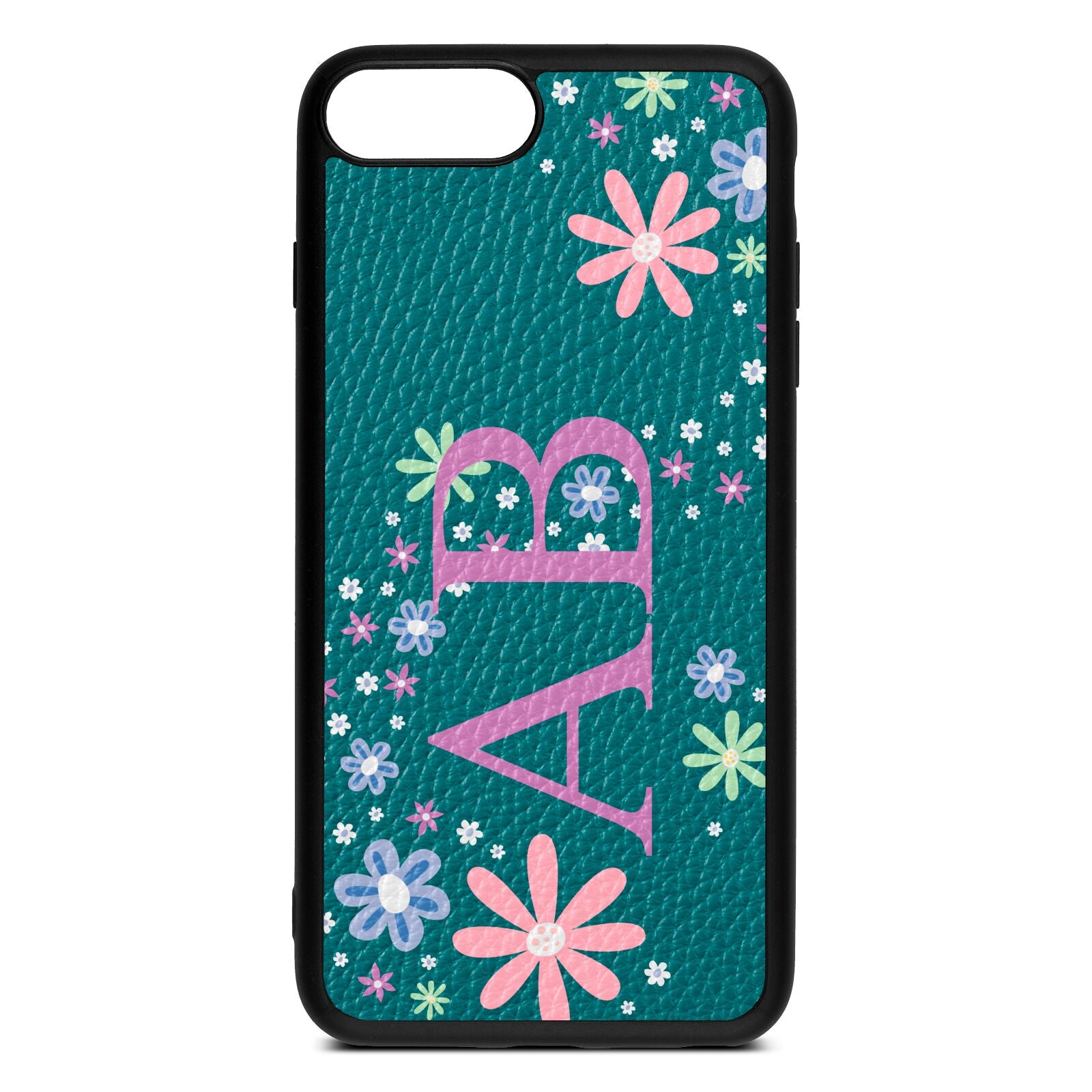 Personalised Floral Initials Green Pebble Leather iPhone 8 Plus Case