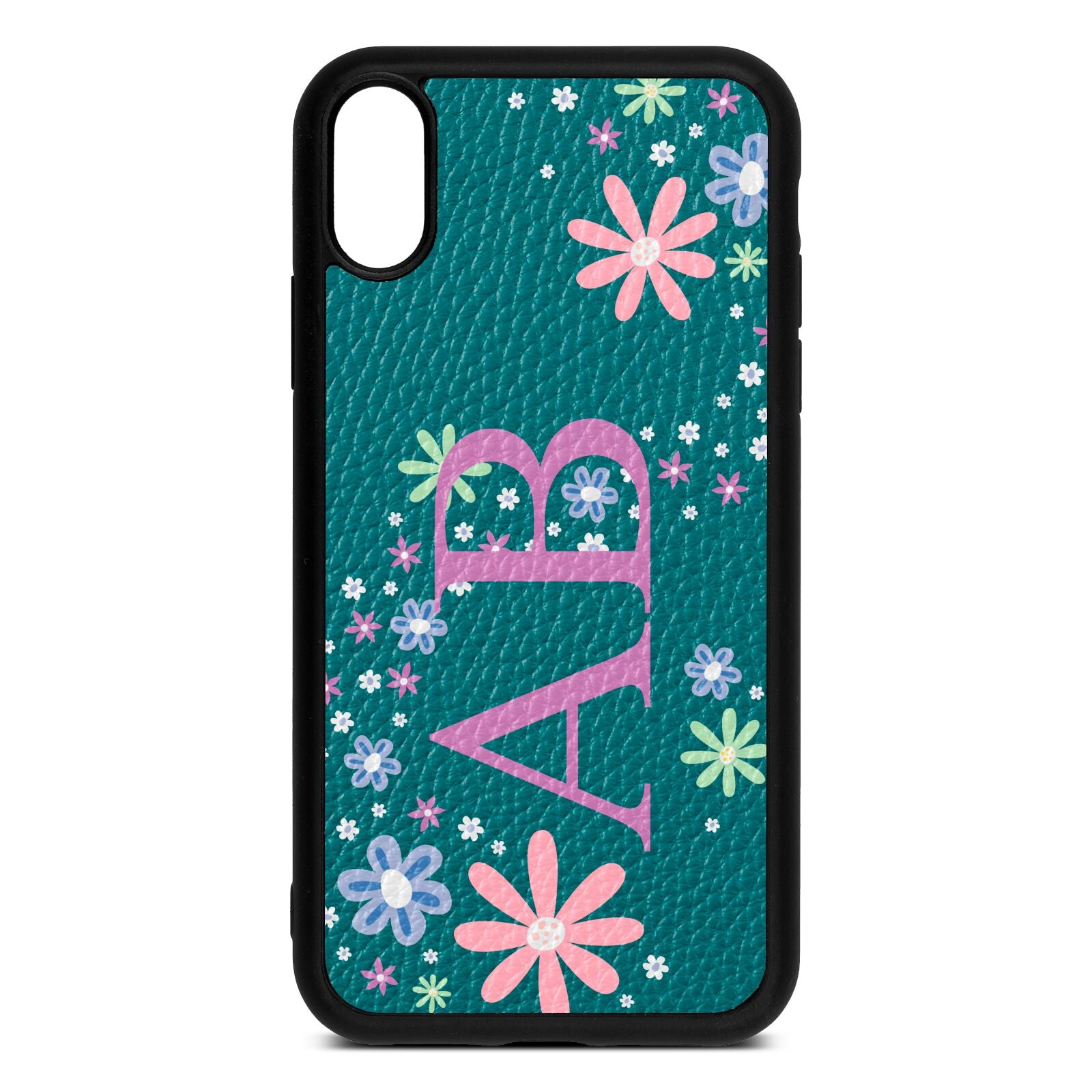 Personalised Floral Initials Green Pebble Leather iPhone Xr Case