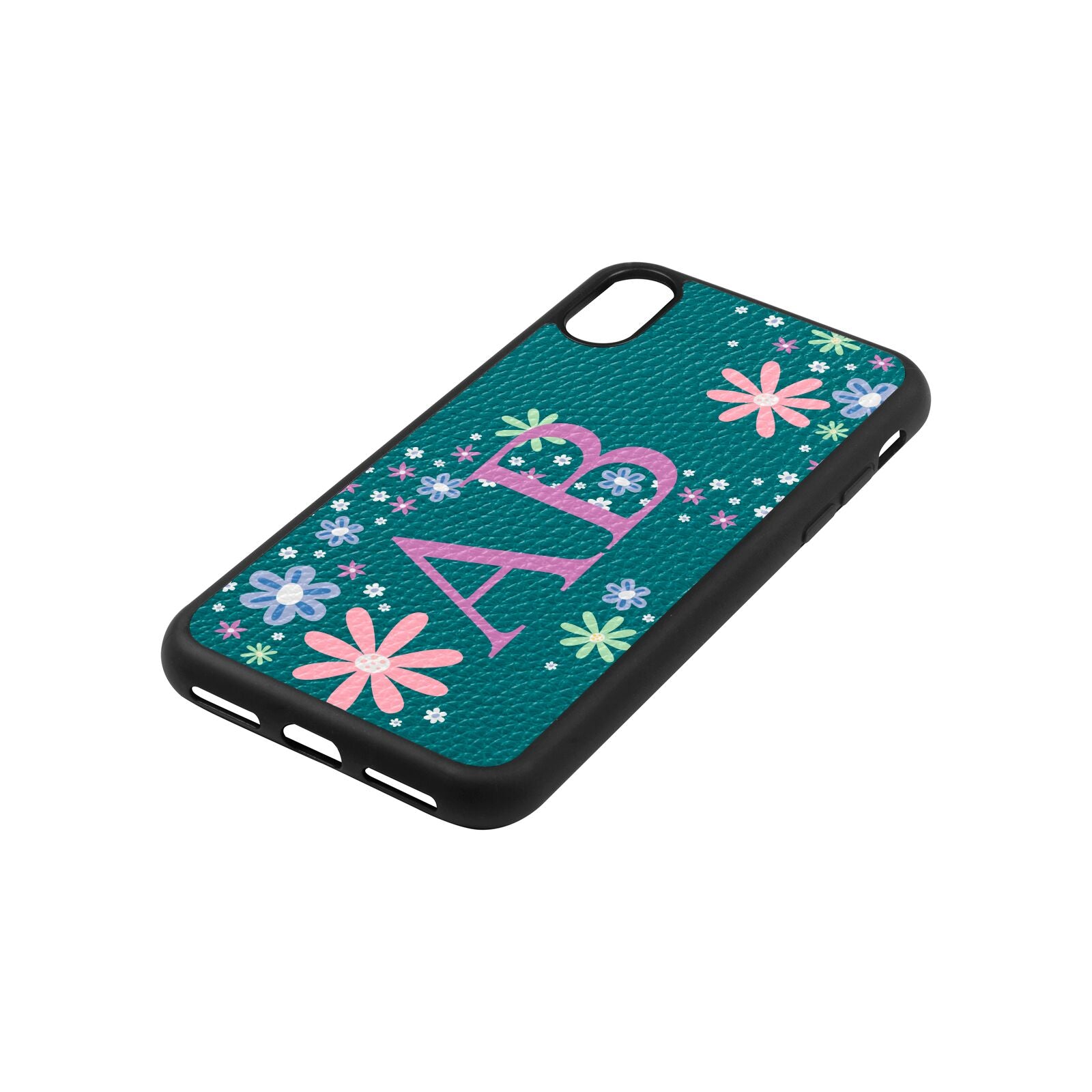 Personalised Floral Initials Green Pebble Leather iPhone Xs Case Side Angle