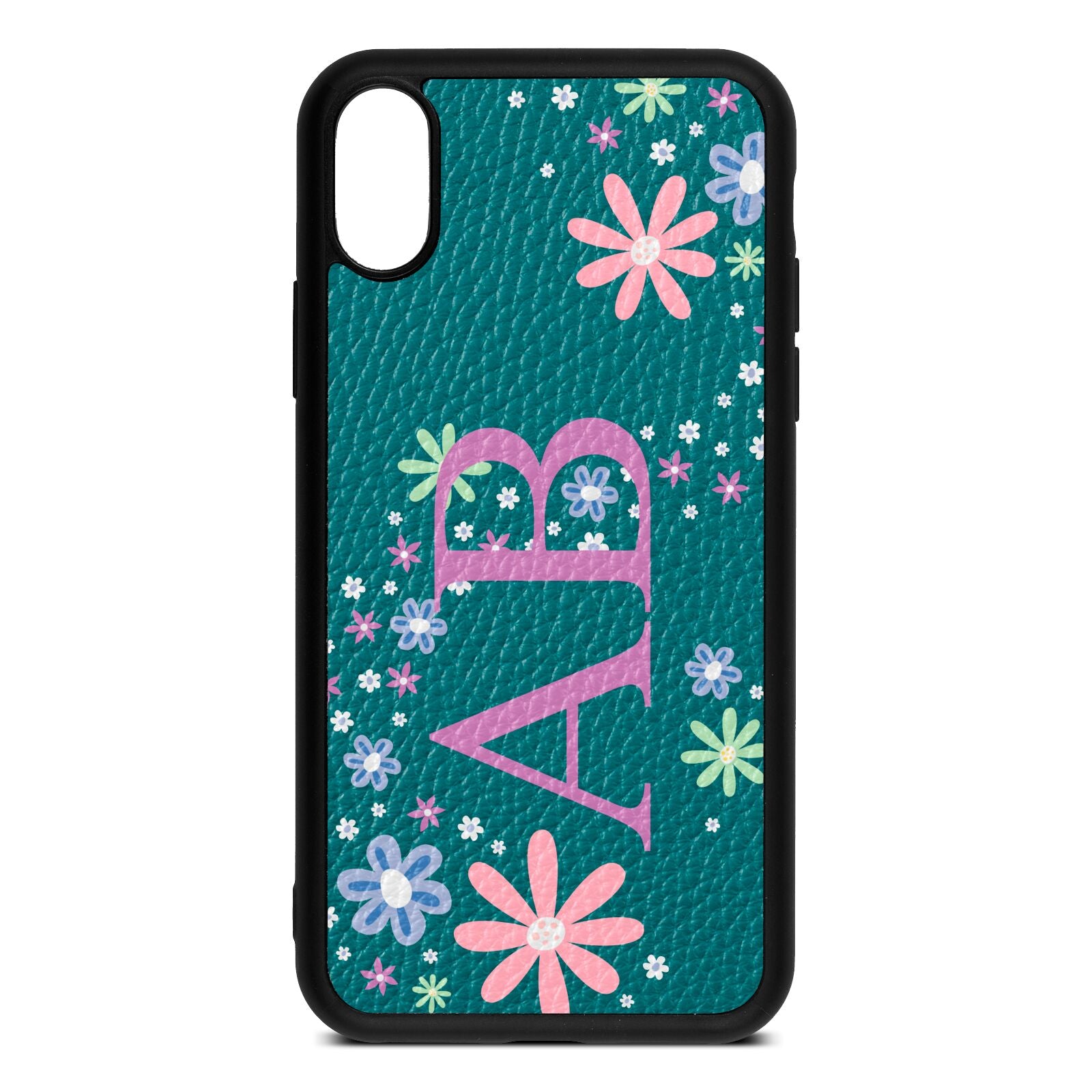 Personalised Floral Initials Green Pebble Leather iPhone Xs Case