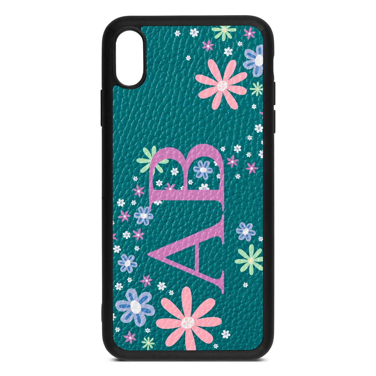 Personalised Floral Initials Green Pebble Leather iPhone Xs Max Case