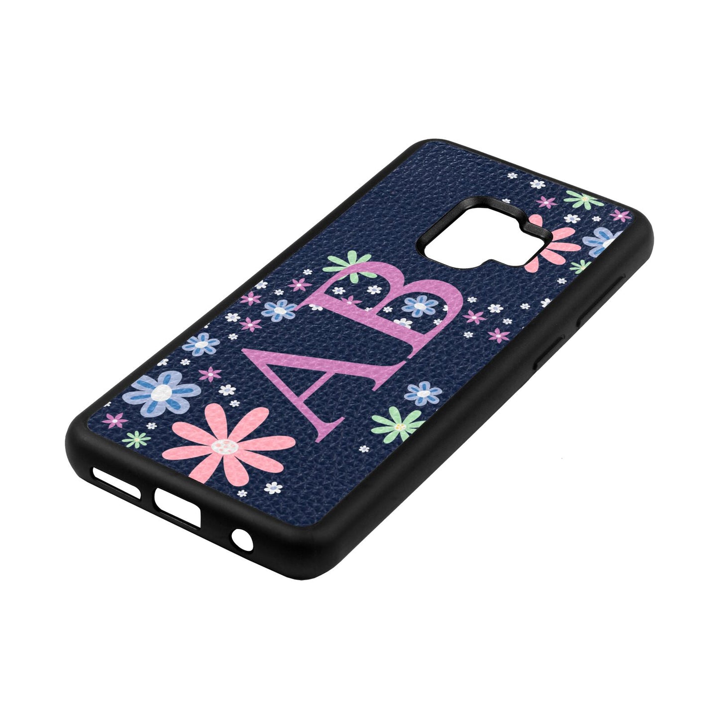 Personalised Floral Initials Navy Blue Pebble Leather Samsung S9 Case Side Angle