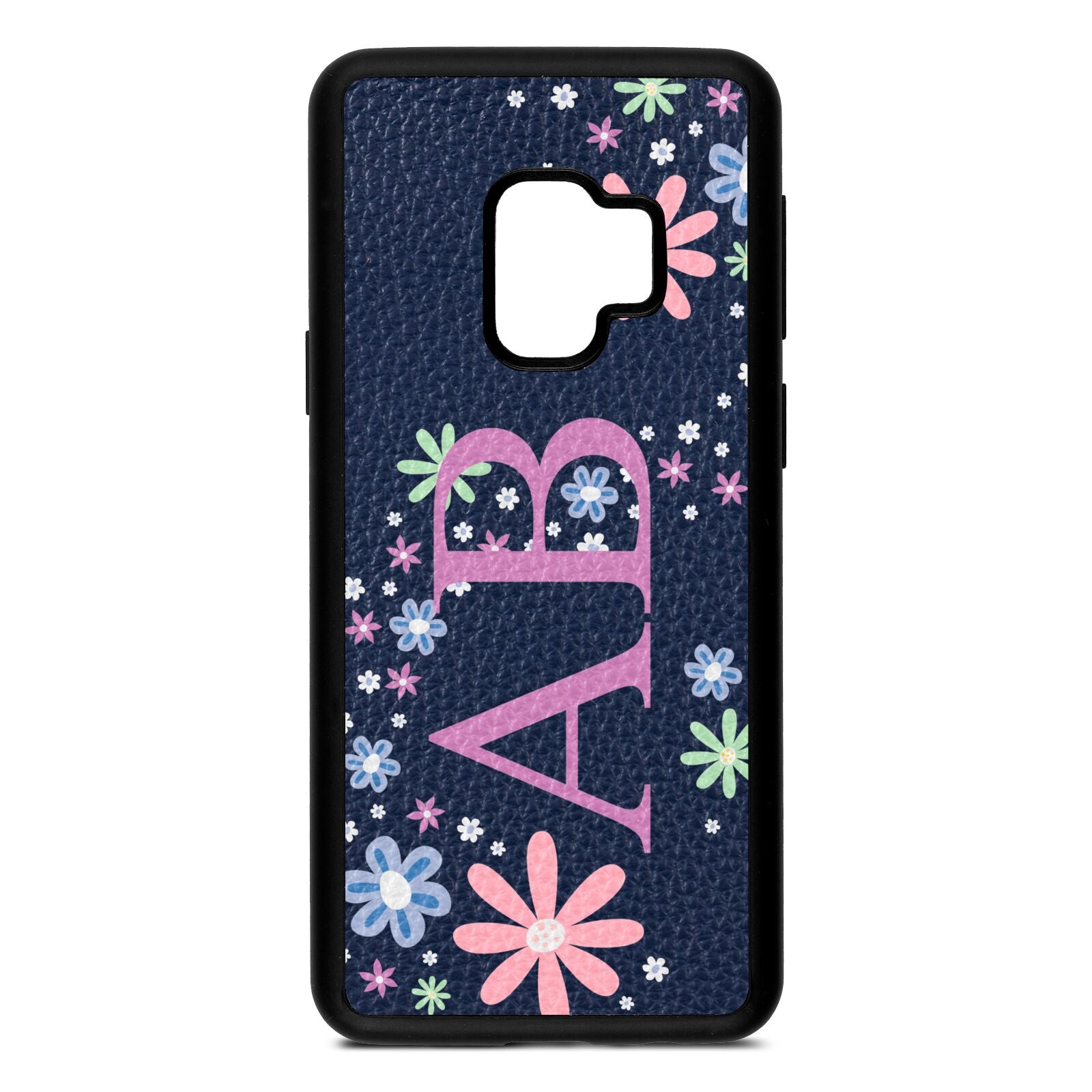 Personalised Floral Initials Navy Blue Pebble Leather Samsung S9 Case