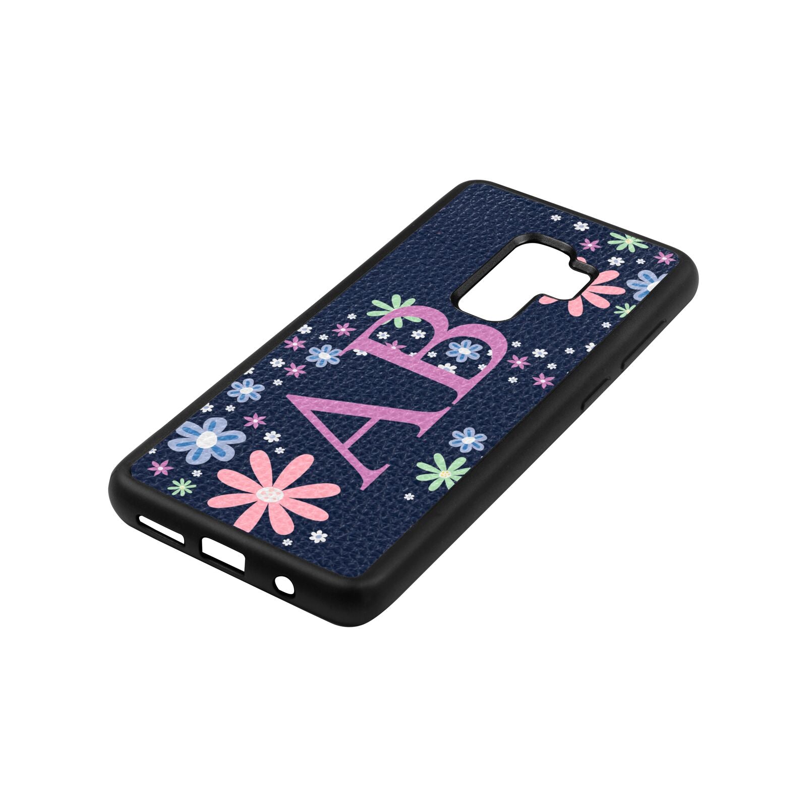 Personalised Floral Initials Navy Blue Pebble Leather Samsung S9 Plus Case Side Angle