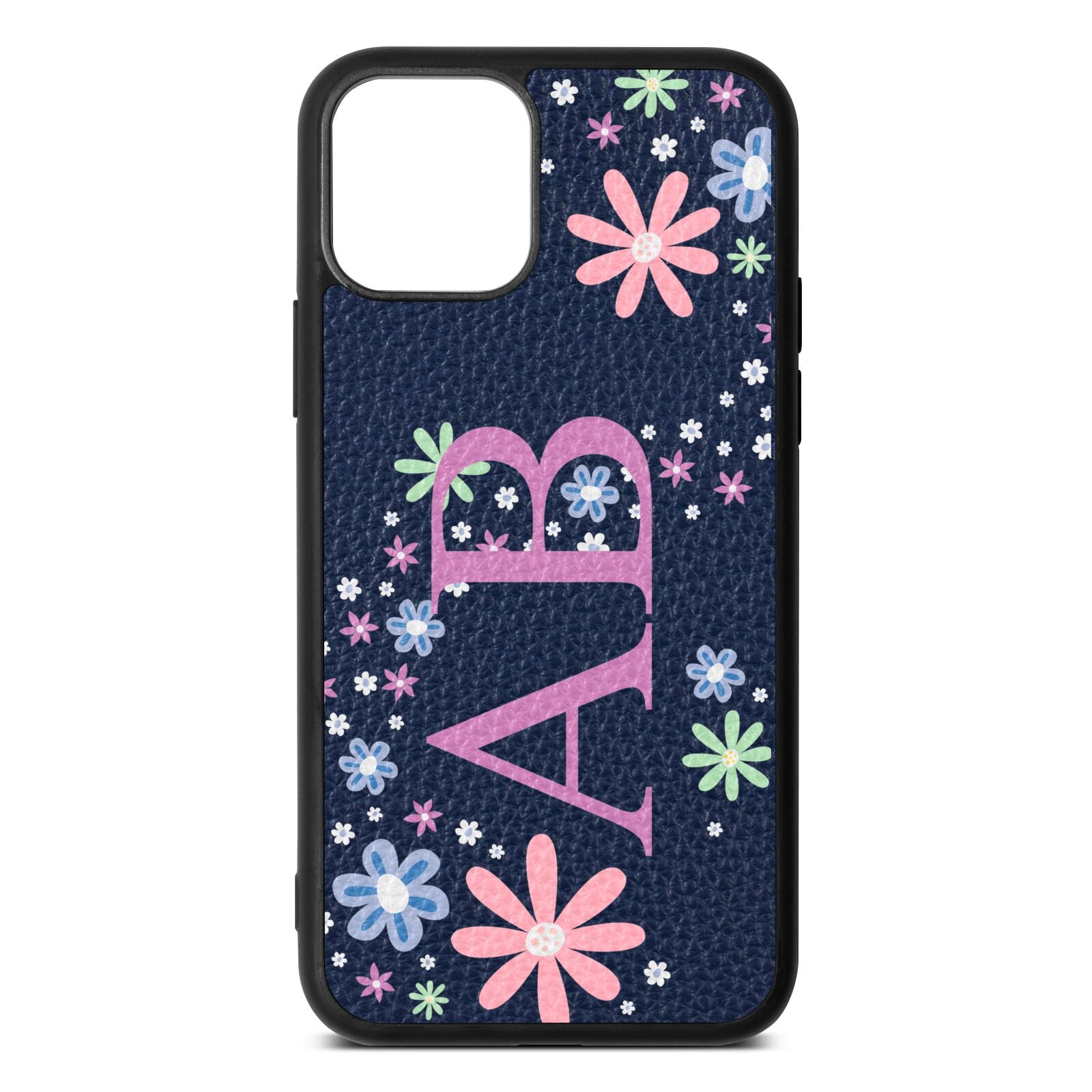 Personalised Floral Initials Navy Blue Pebble Leather iPhone 11 Case