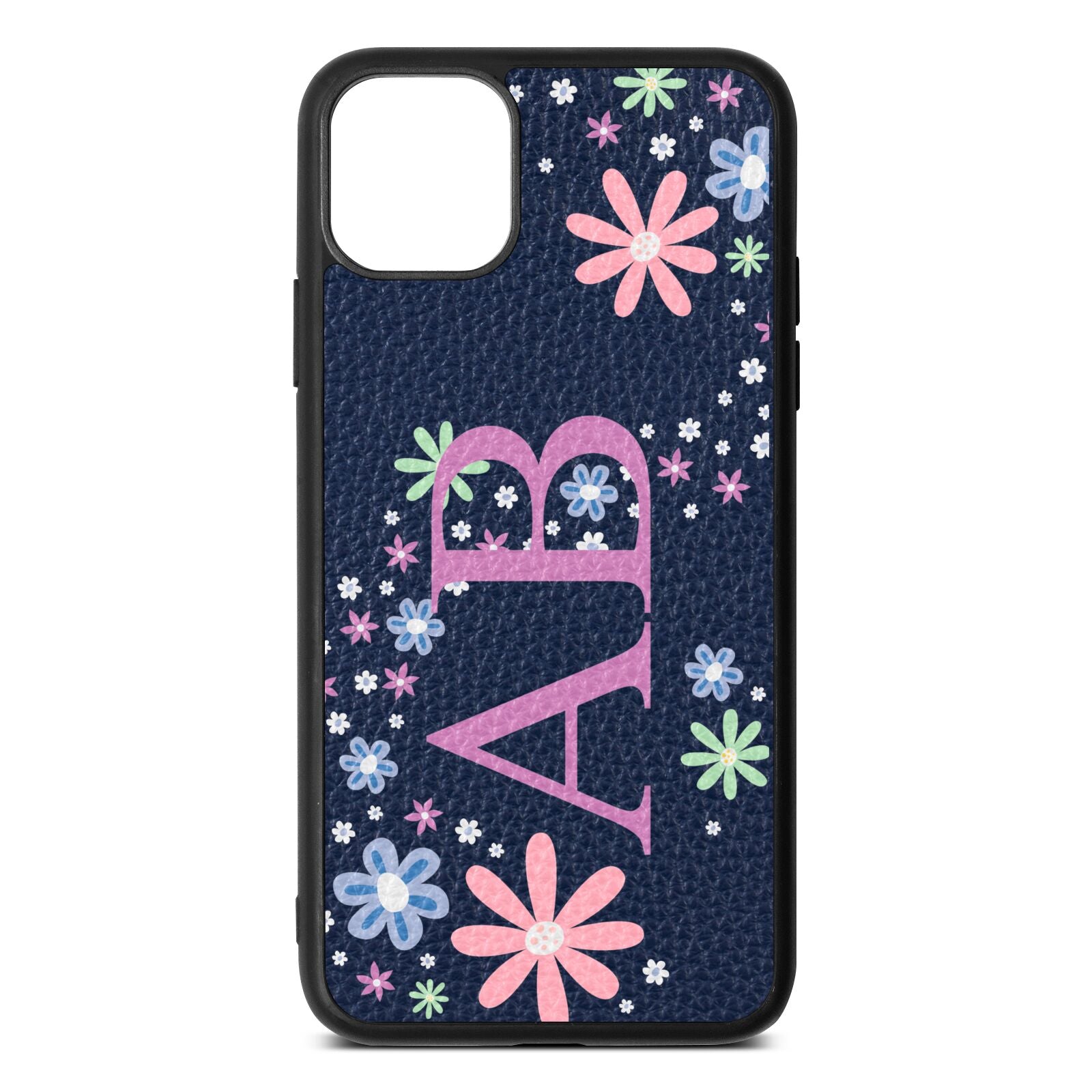 Personalised Floral Initials Navy Blue Pebble Leather iPhone 11 Pro Max Case