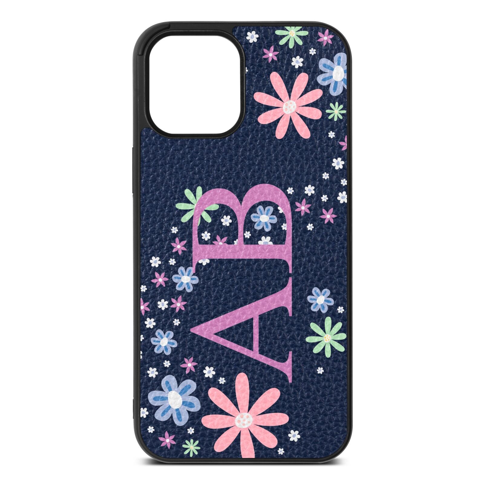 Personalised Floral Initials Navy Blue Pebble Leather iPhone 12 Pro Max Case