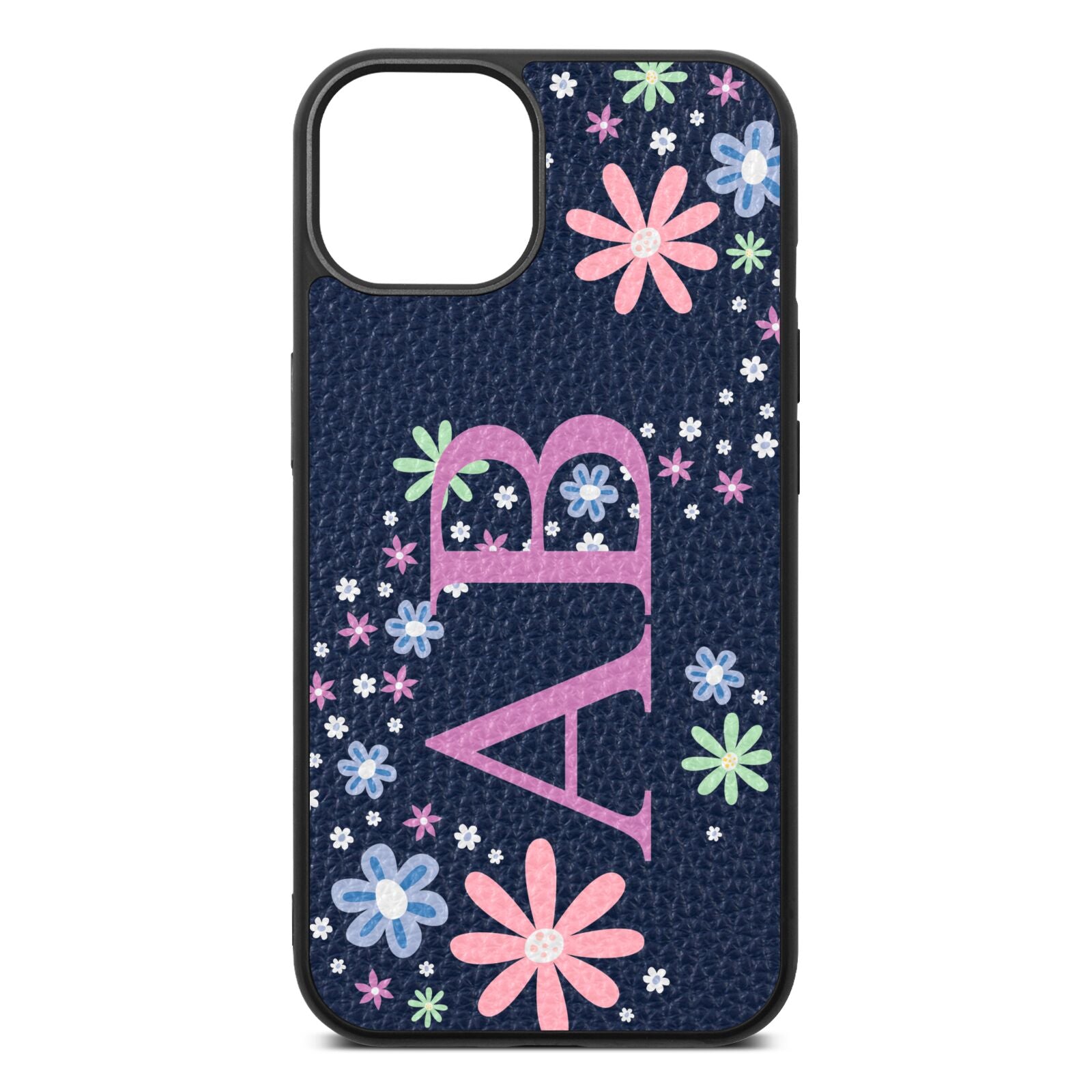 Personalised Floral Initials Navy Blue Pebble Leather iPhone 13 Case