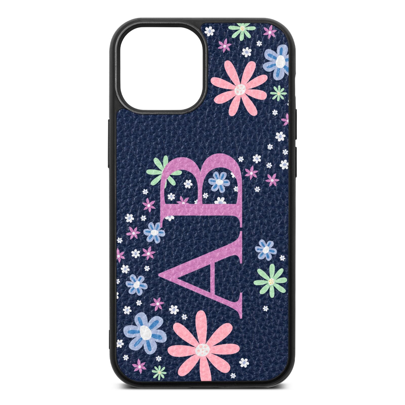 Personalised Floral Initials Navy Blue Pebble Leather iPhone 13 Mini Case