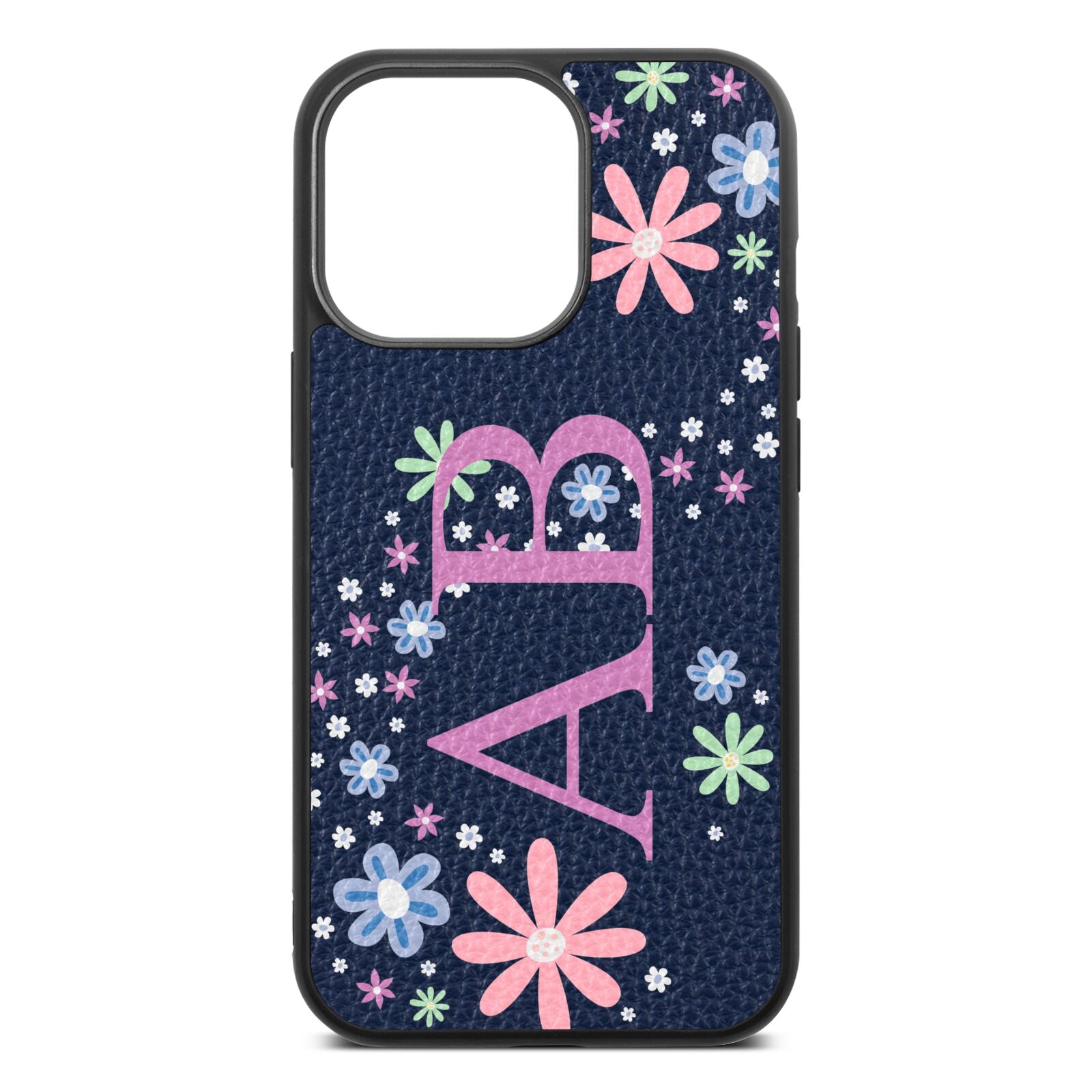 Personalised Floral Initials Navy Blue Pebble Leather iPhone 13 Pro Case