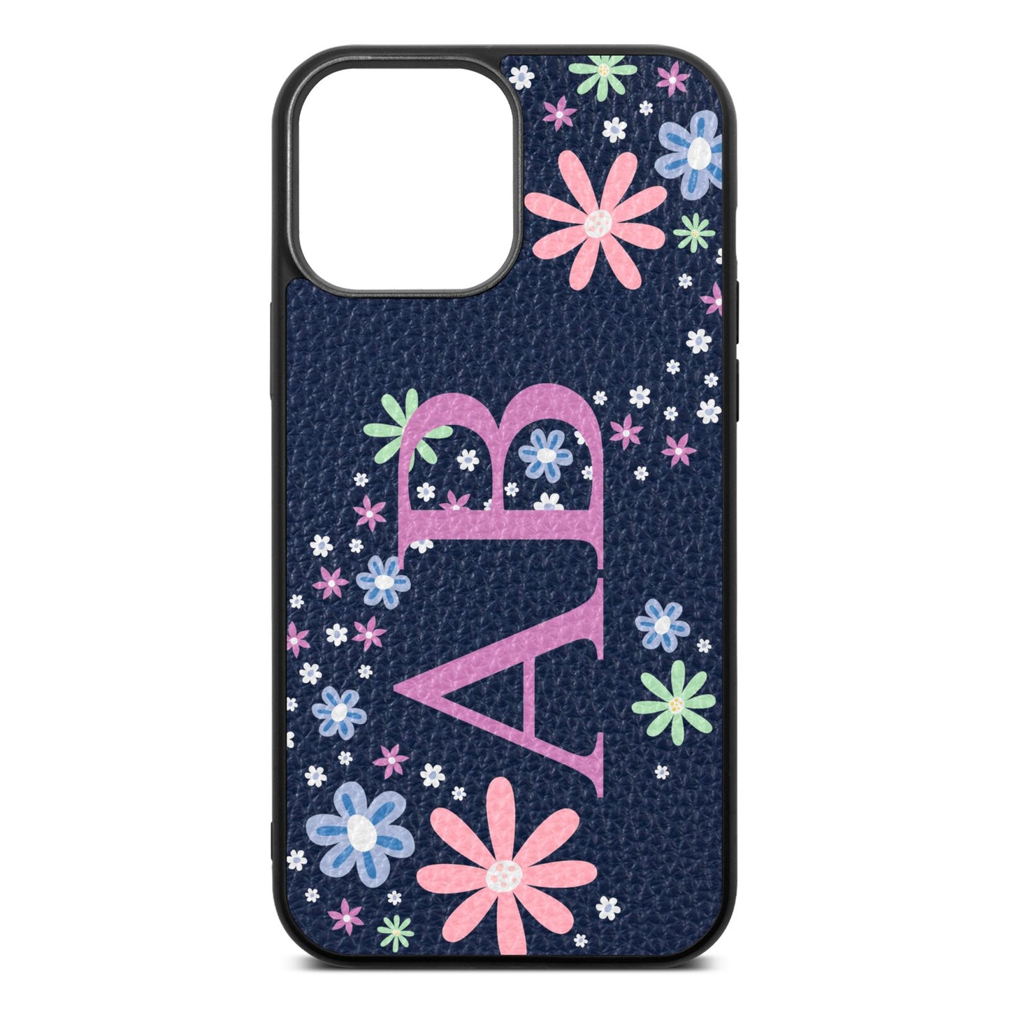 Personalised Floral Initials Navy Blue Pebble Leather iPhone 13 Pro Max Case