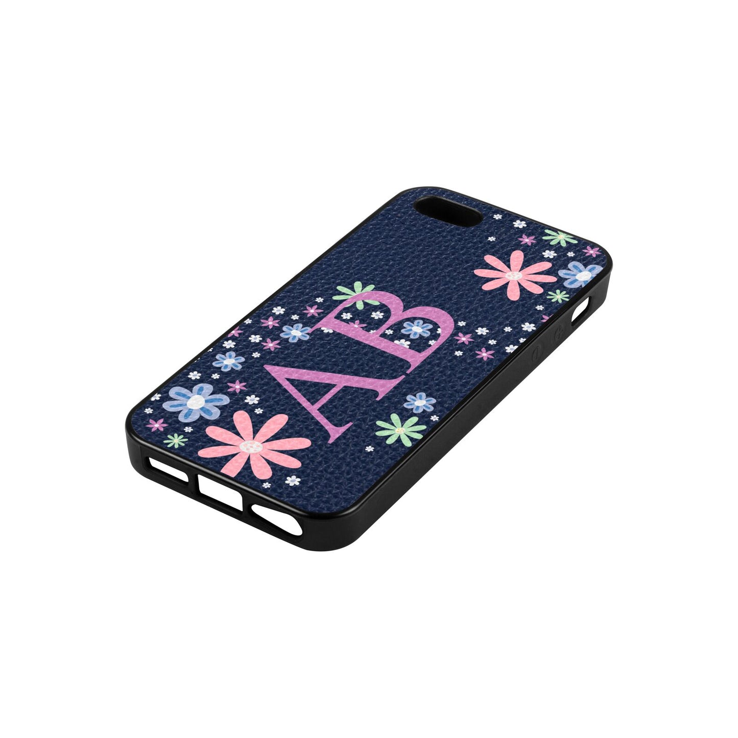 Personalised Floral Initials Navy Blue Pebble Leather iPhone 5 Case Side Angle