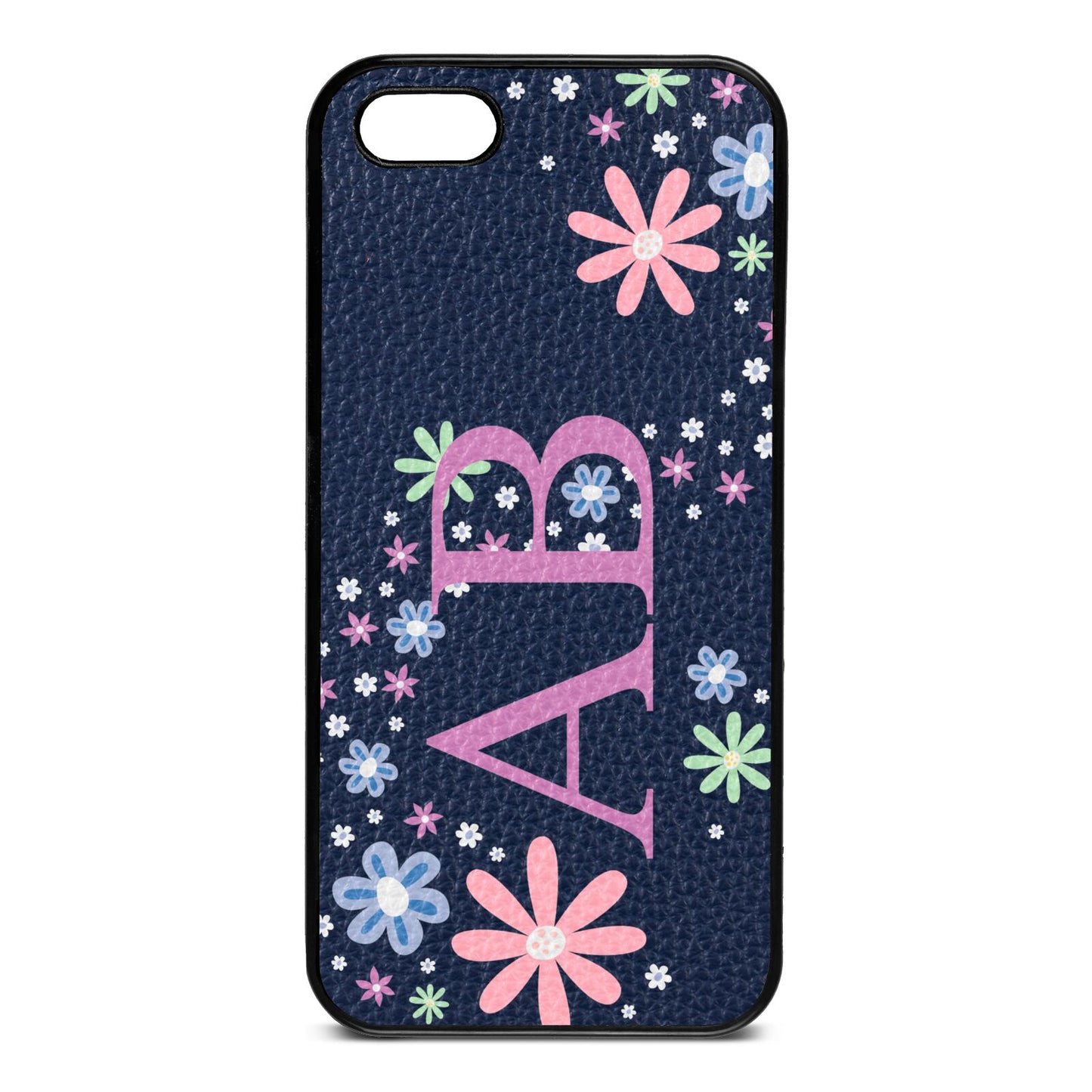 Personalised Floral Initials Navy Blue Pebble Leather iPhone 5 Case