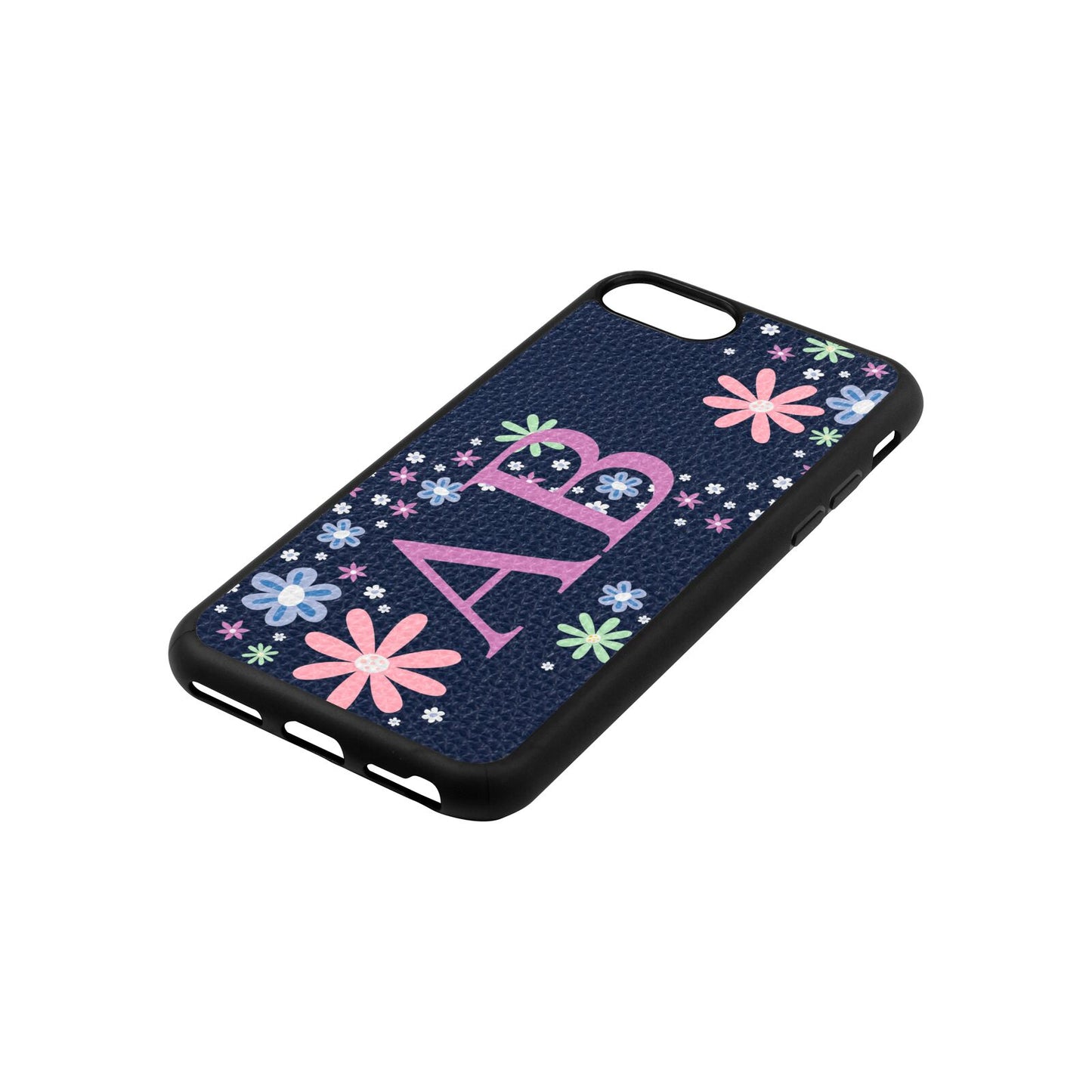 Personalised Floral Initials Navy Blue Pebble Leather iPhone 8 Case Side Angle