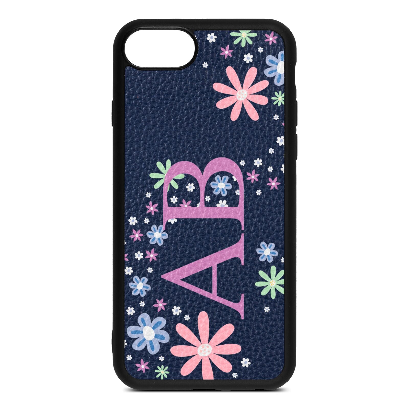 Personalised Floral Initials Navy Blue Pebble Leather iPhone 8 Case