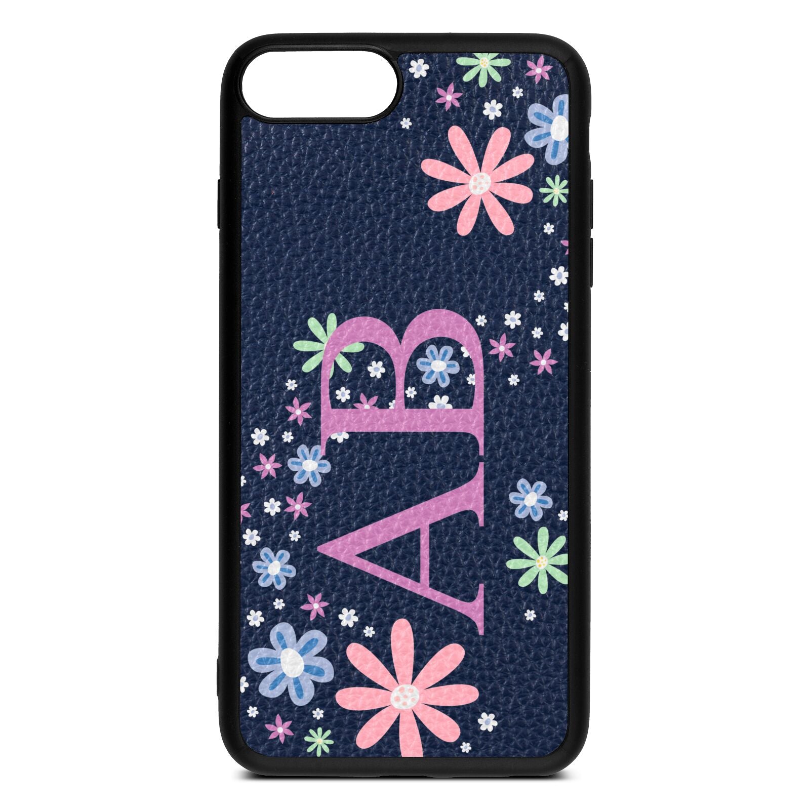 Personalised Floral Initials Navy Blue Pebble Leather iPhone 8 Plus Case