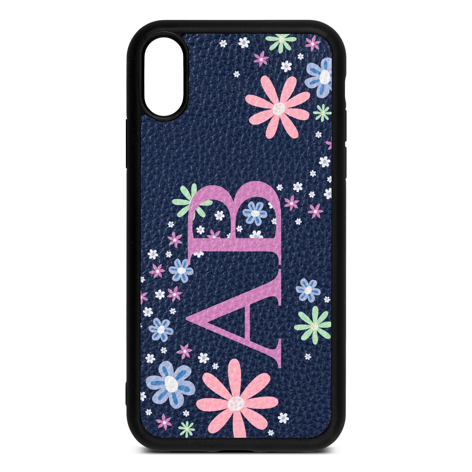 Personalised Floral Initials Navy Blue Pebble Leather iPhone Xr Case