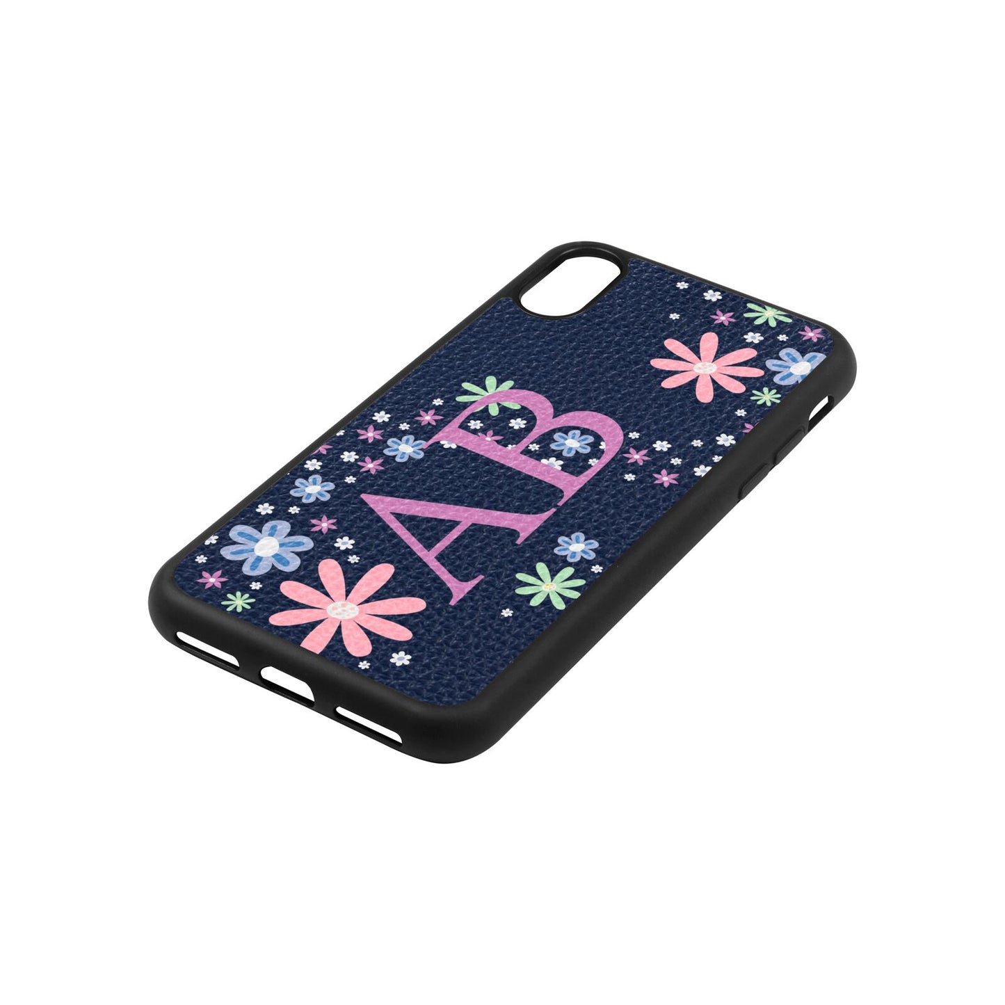 Personalised Floral Initials Navy Blue Pebble Leather iPhone Xs Case Side Image