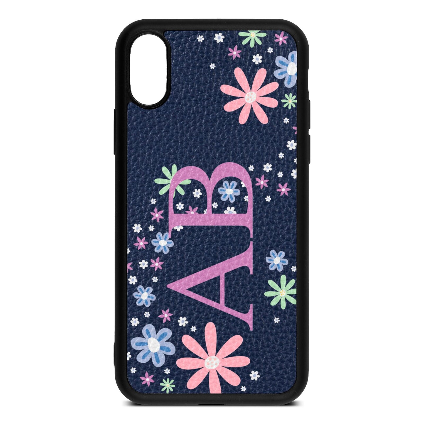 Personalised Floral Initials Navy Blue Pebble Leather iPhone Xs Case