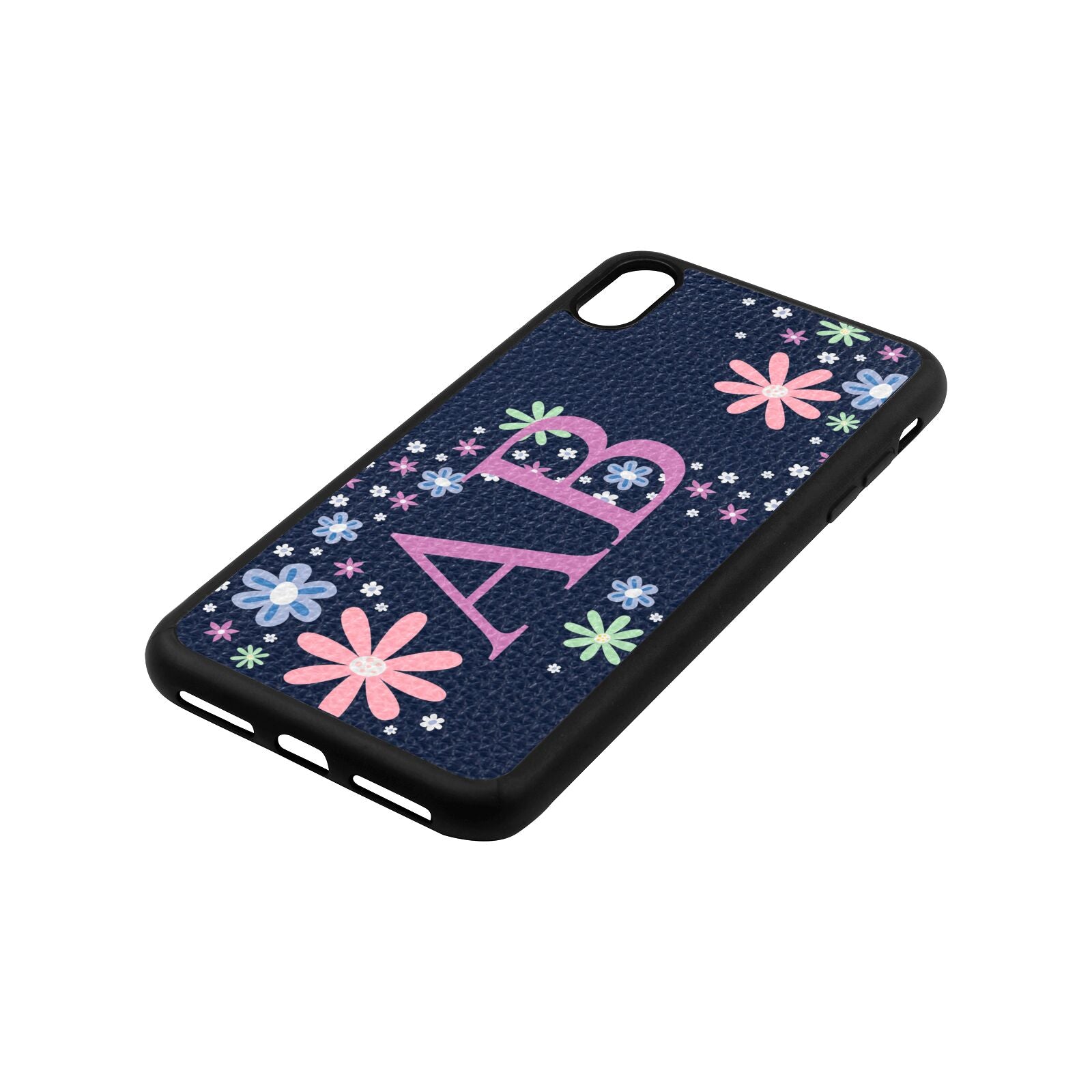 Personalised Floral Initials Navy Blue Pebble Leather iPhone Xs Max Case Side Image