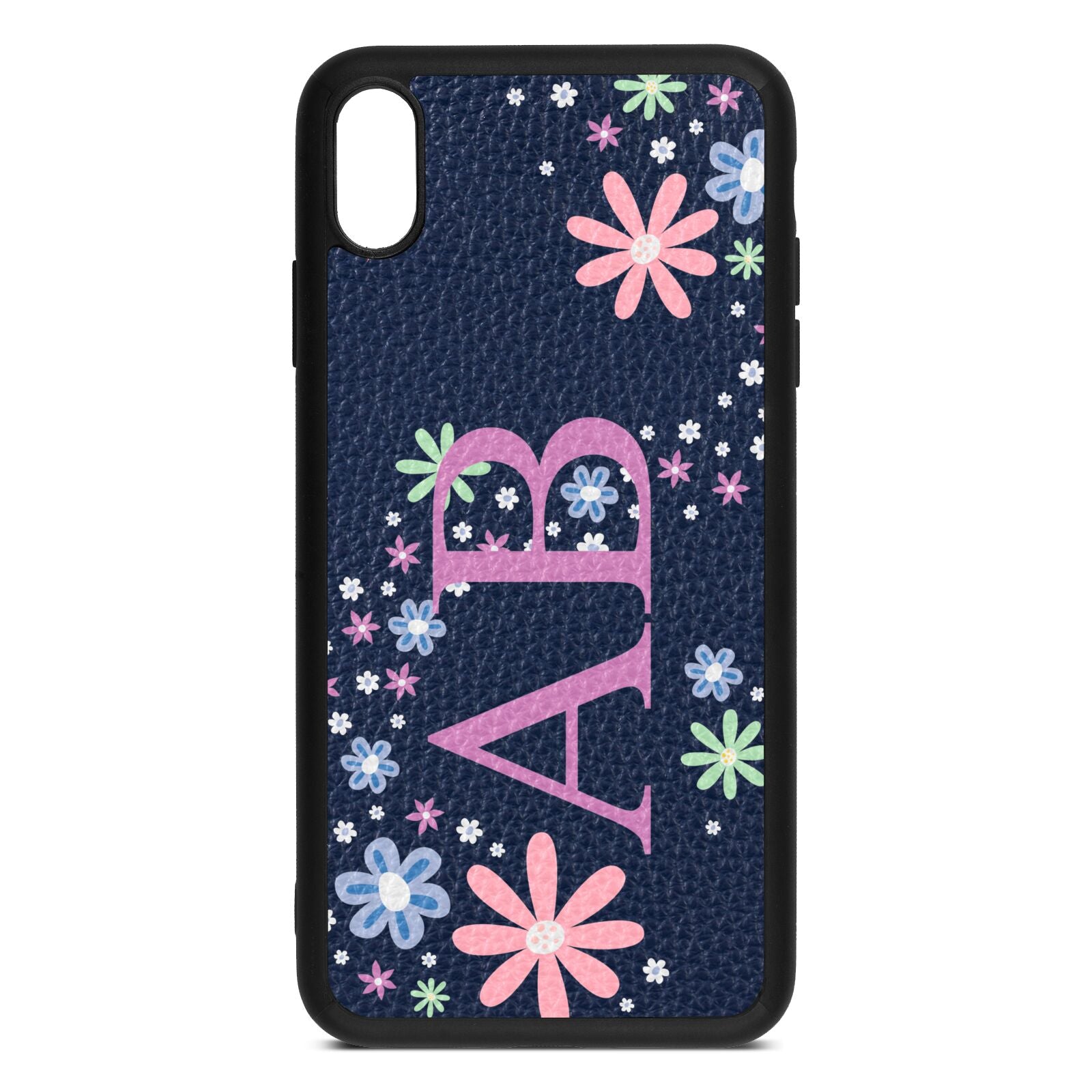 Personalised Floral Initials Navy Blue Pebble Leather iPhone Xs Max Case