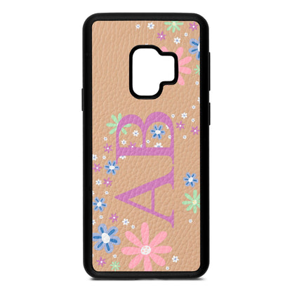 Personalised Floral Initials Nude Pebble Leather Samsung S9 Case