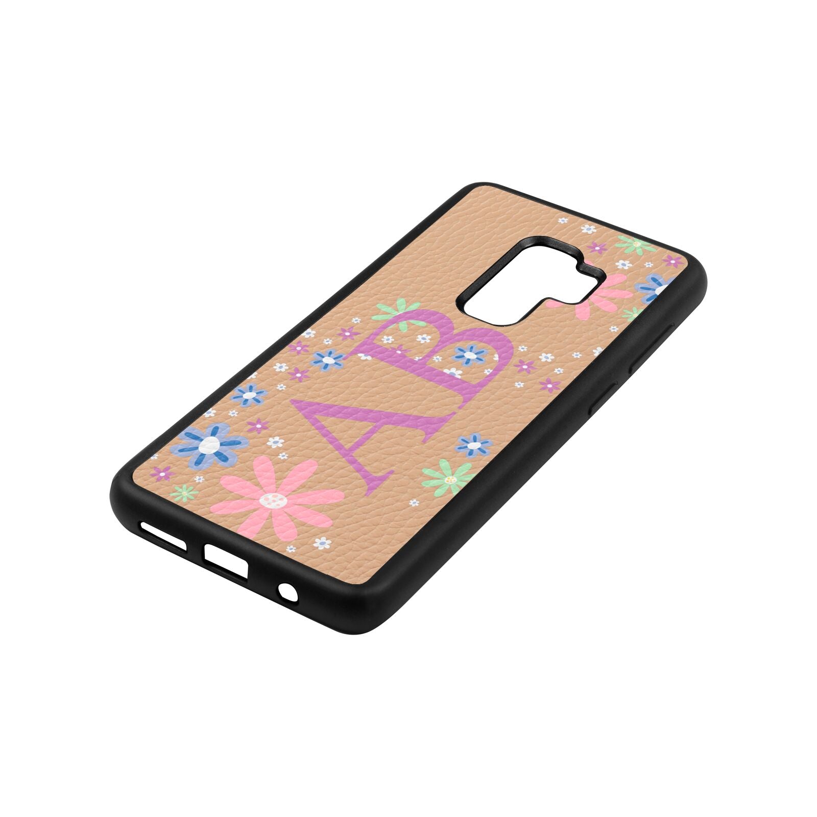 Personalised Floral Initials Nude Pebble Leather Samsung S9 Plus Case Side Angle