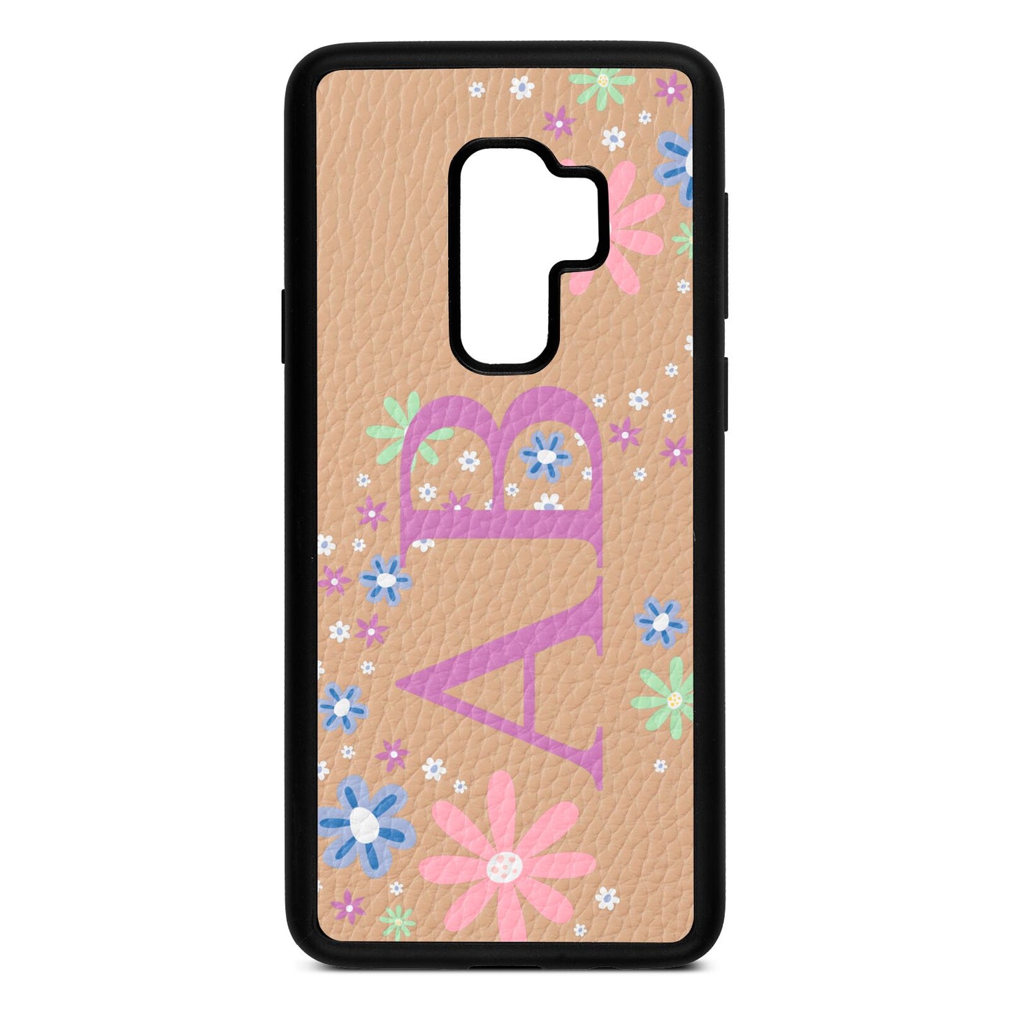 Personalised Floral Initials Nude Pebble Leather Samsung S9 Plus Case