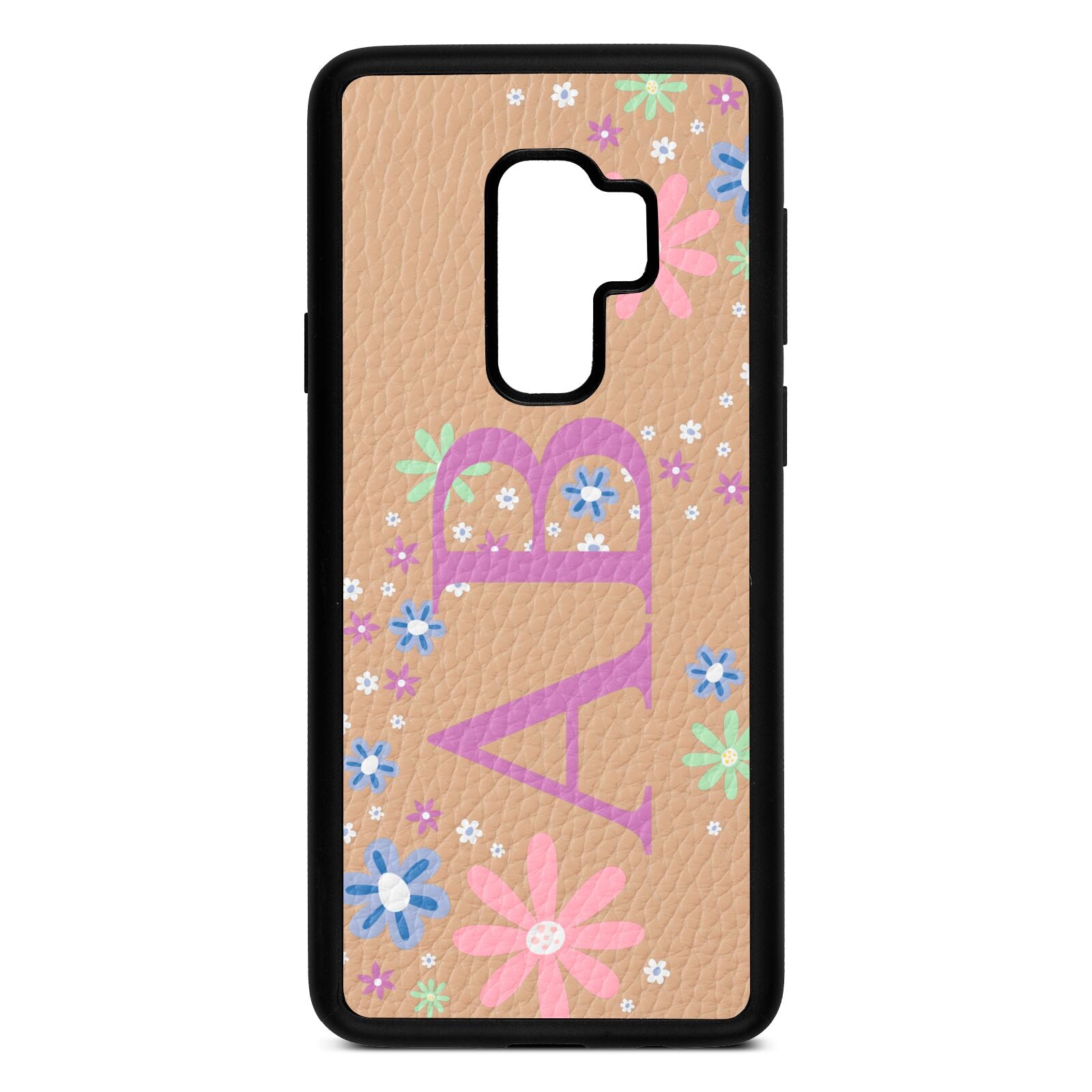 Personalised Floral Initials Nude Pebble Leather Samsung S9 Plus Case