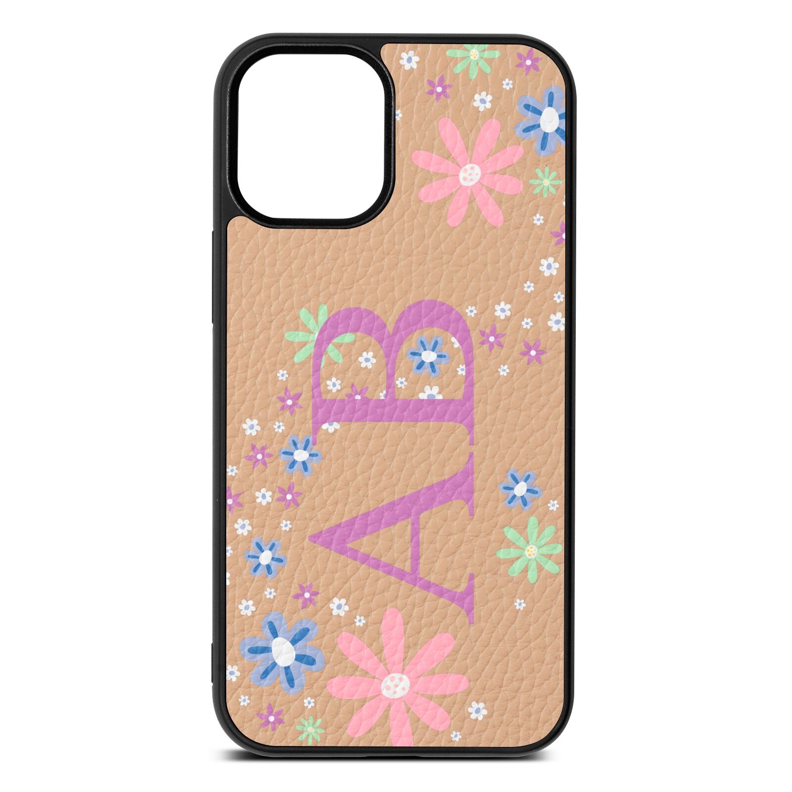 Personalised Floral Initials Nude Pebble Leather iPhone 12 Mini Case