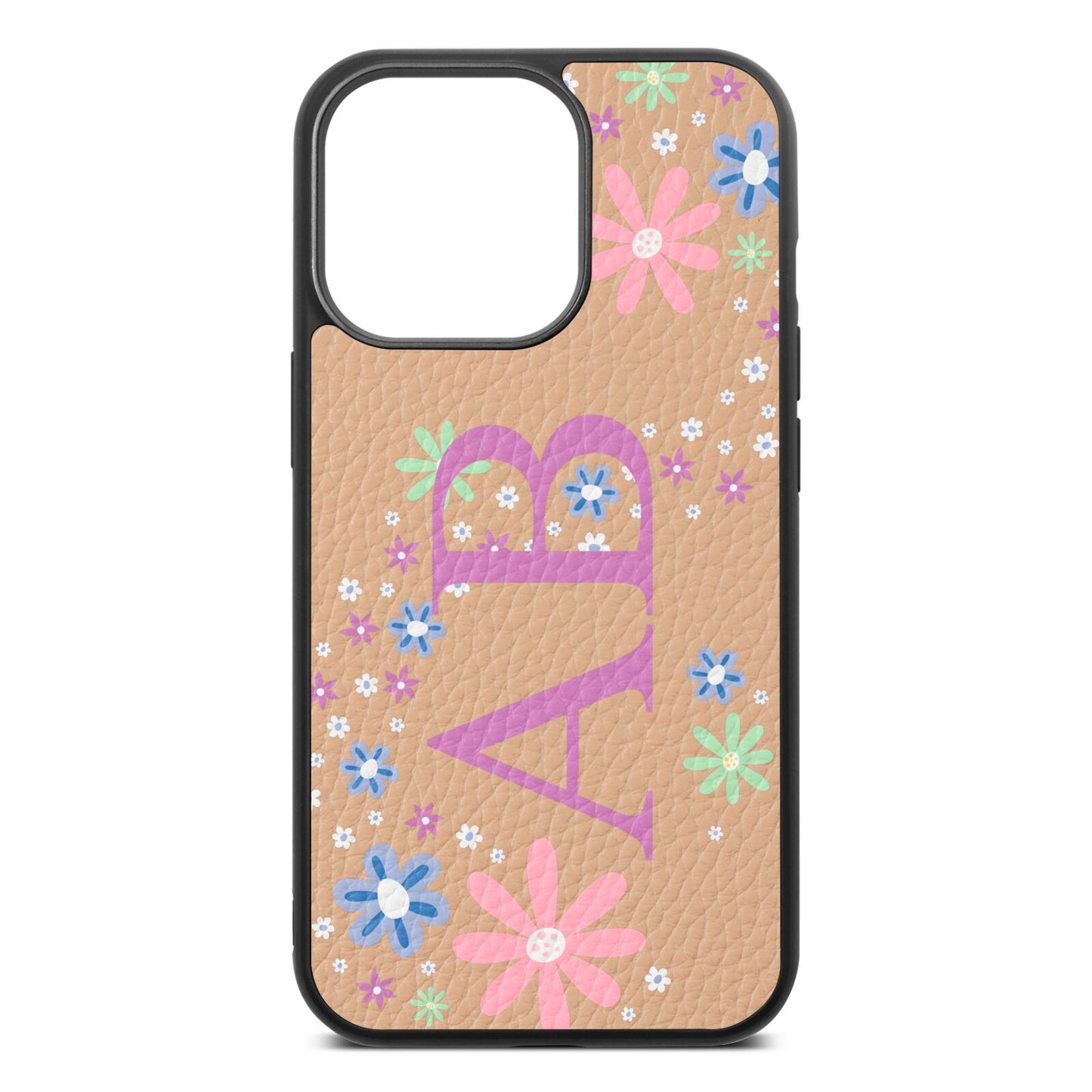 Personalised Floral Initials Nude Pebble Leather iPhone 13 Pro Case