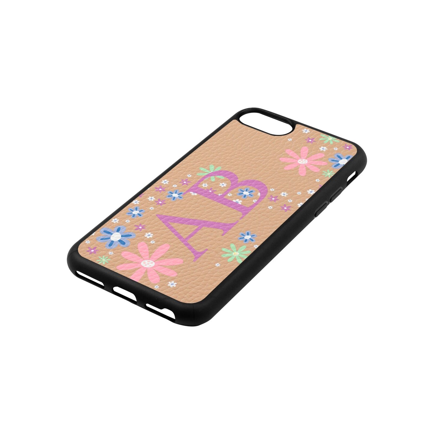 Personalised Floral Initials Nude Pebble Leather iPhone 8 Case Side Angle