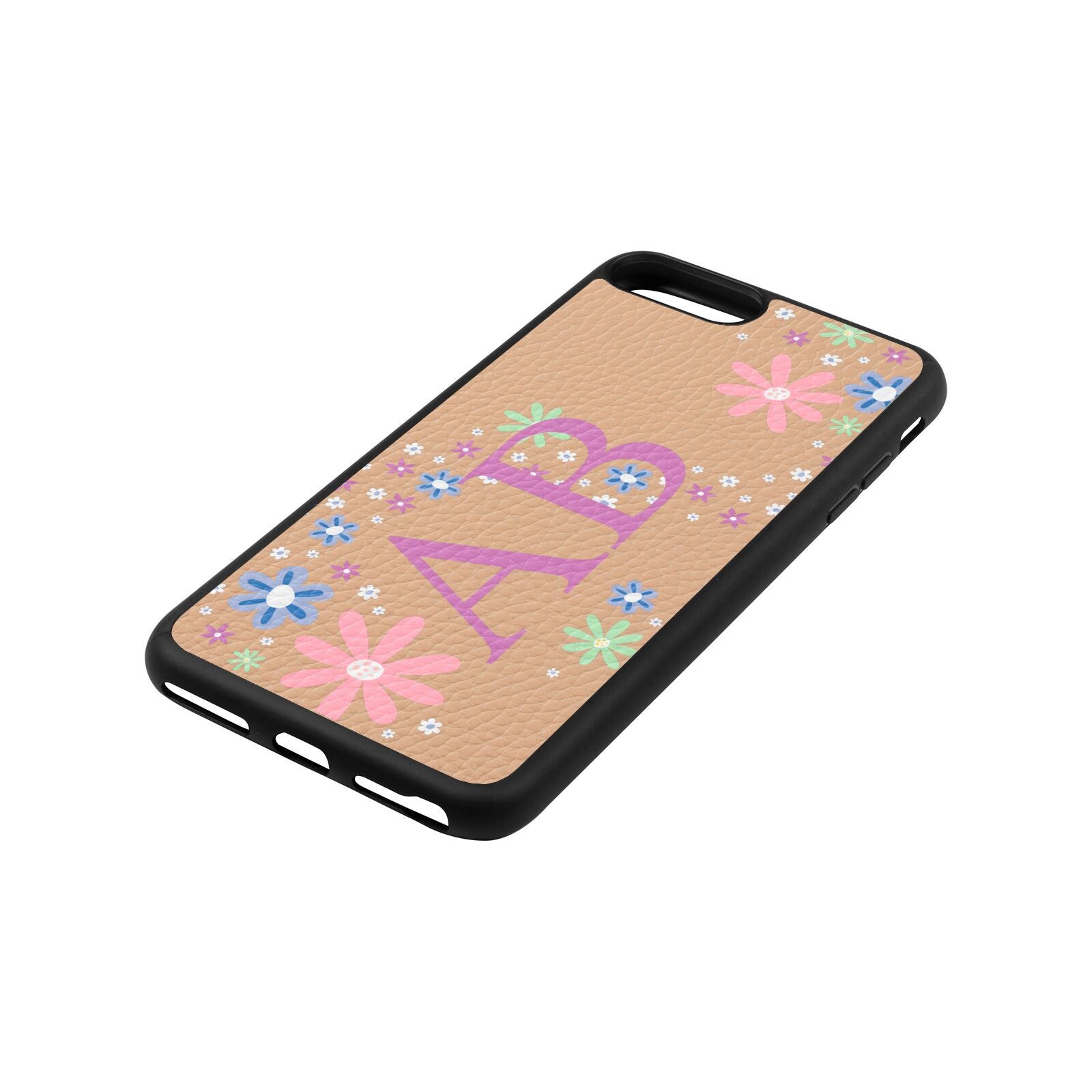 Personalised Floral Initials Nude Pebble Leather iPhone 8 Plus Case Side Angle