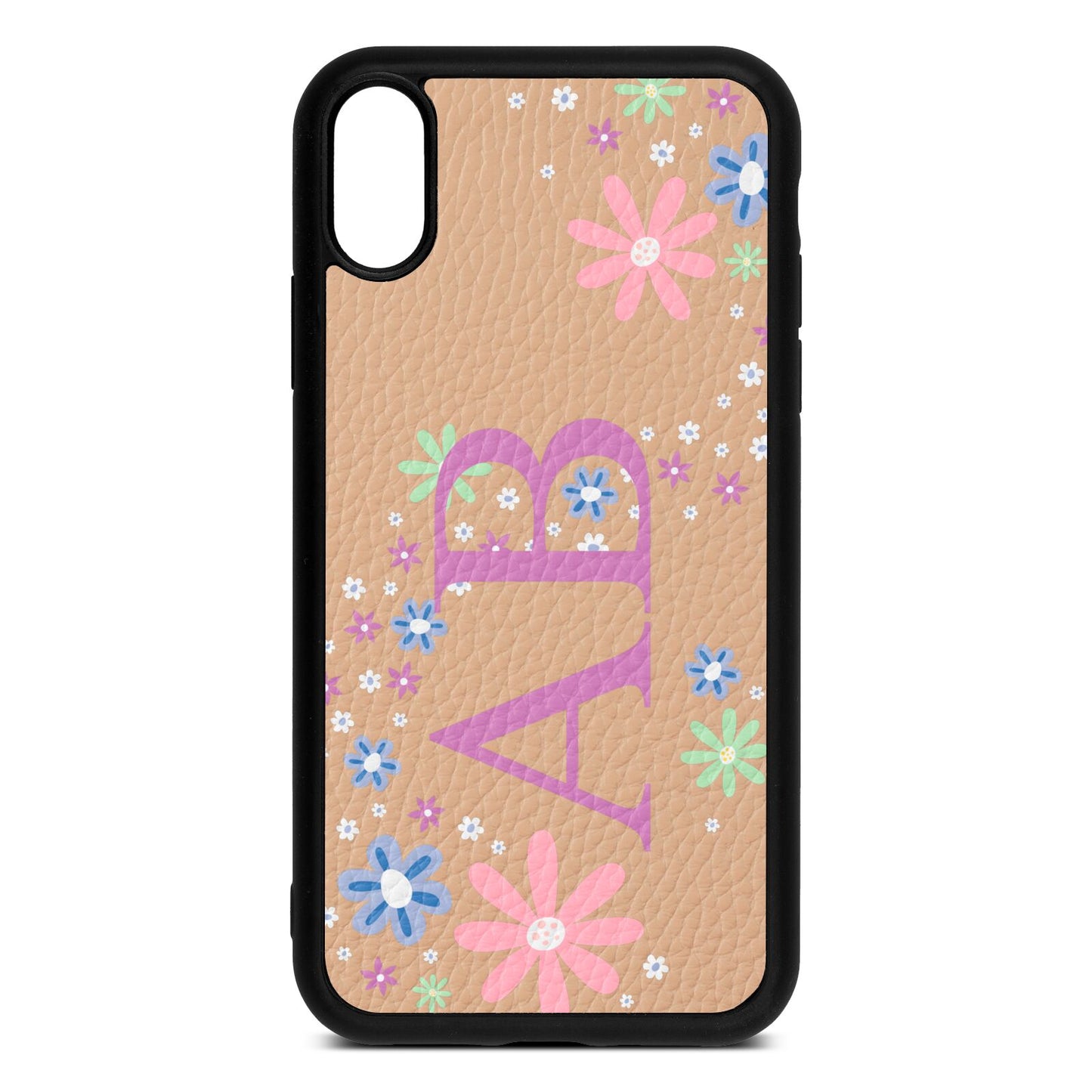 Personalised Floral Initials Nude Pebble Leather iPhone Xr Case