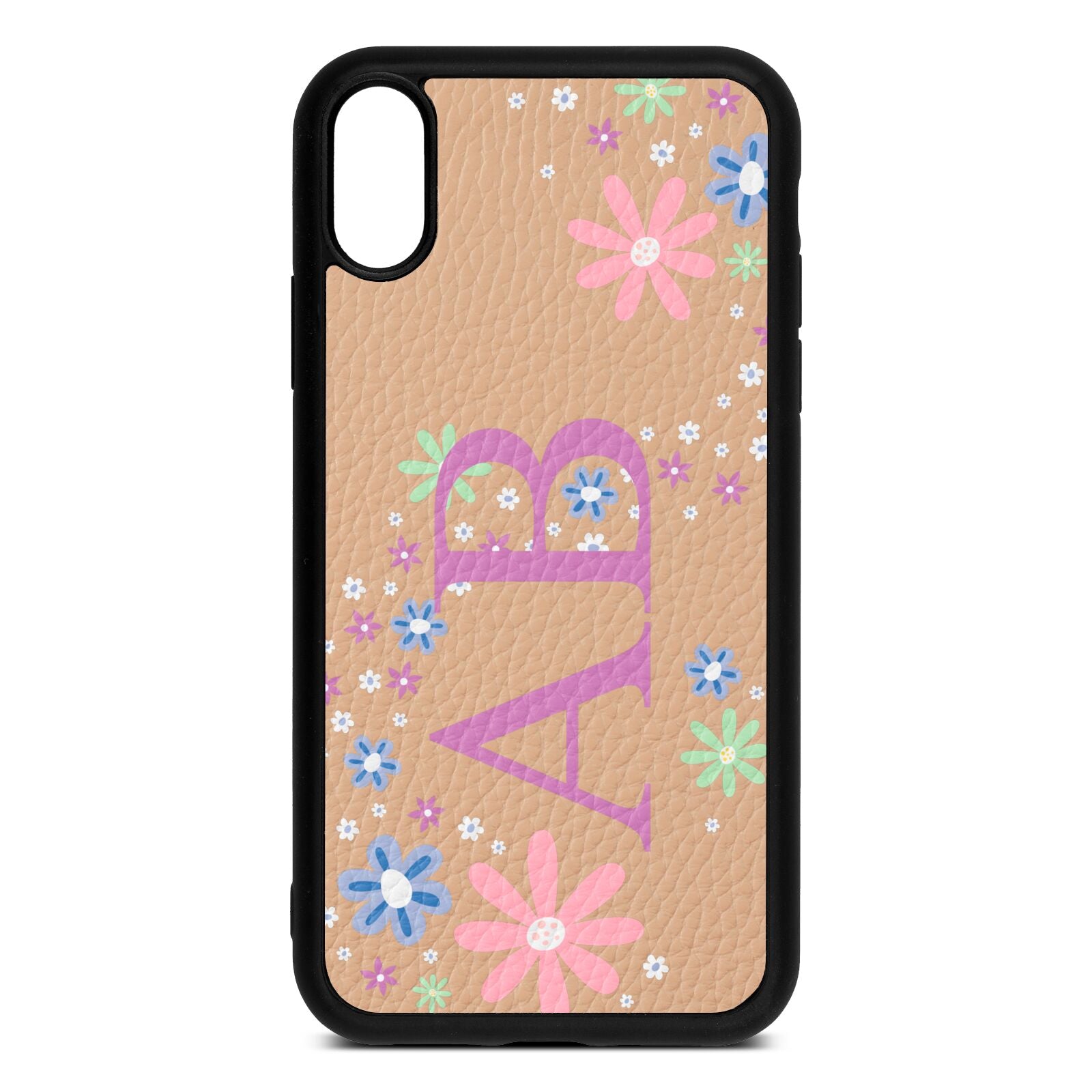 Personalised Floral Initials Nude Pebble Leather iPhone Xr Case