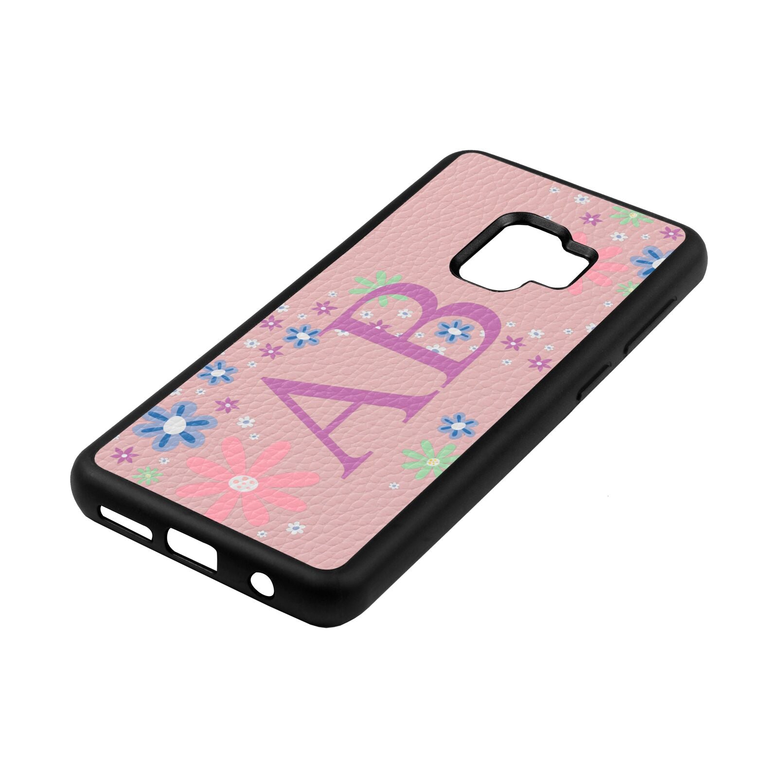 Personalised Floral Initials Pink Pebble Leather Samsung S9 Case Side Angle